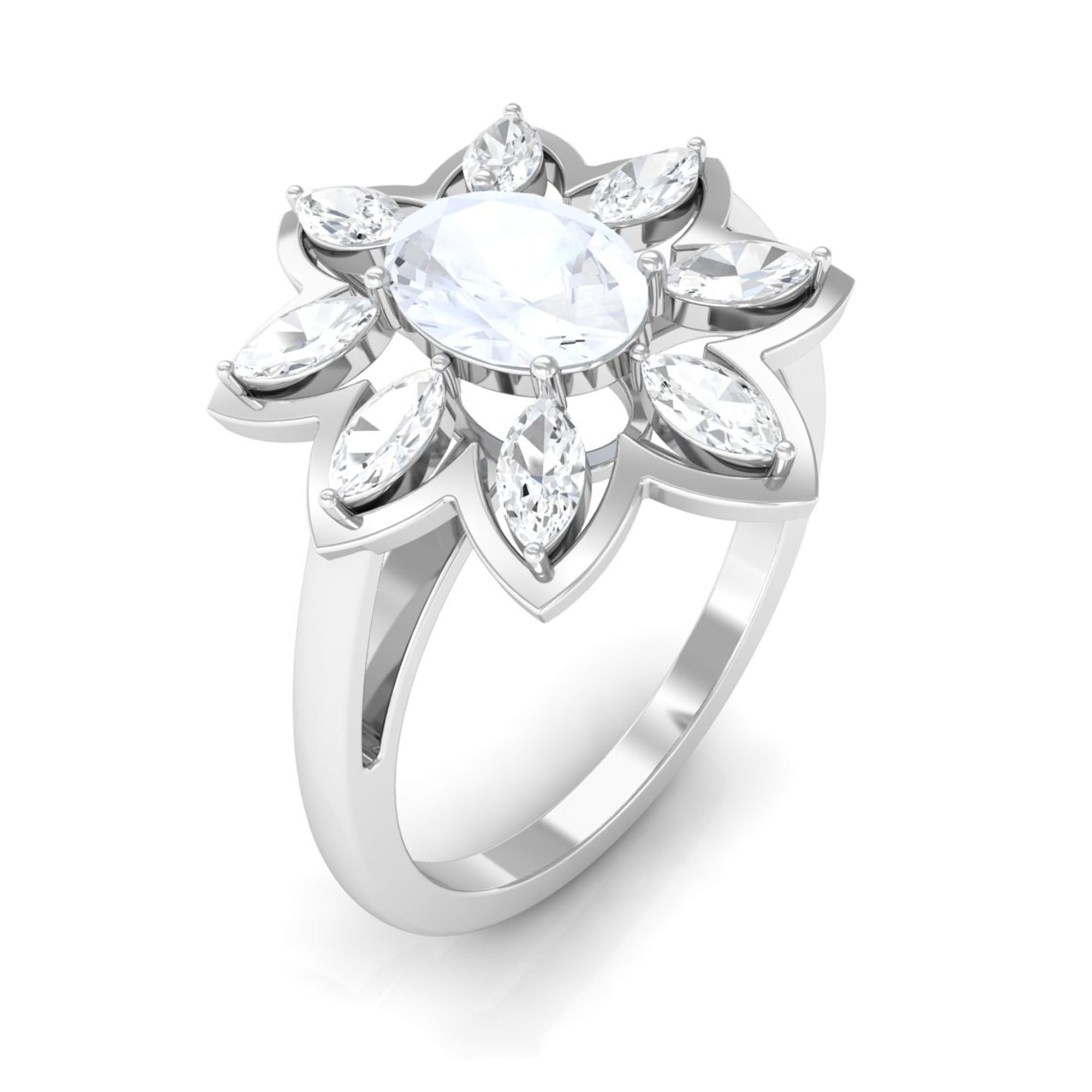 Oval Cut Moonstone and Diamond Flower Cocktail Ring AAA - Rosec Jewels