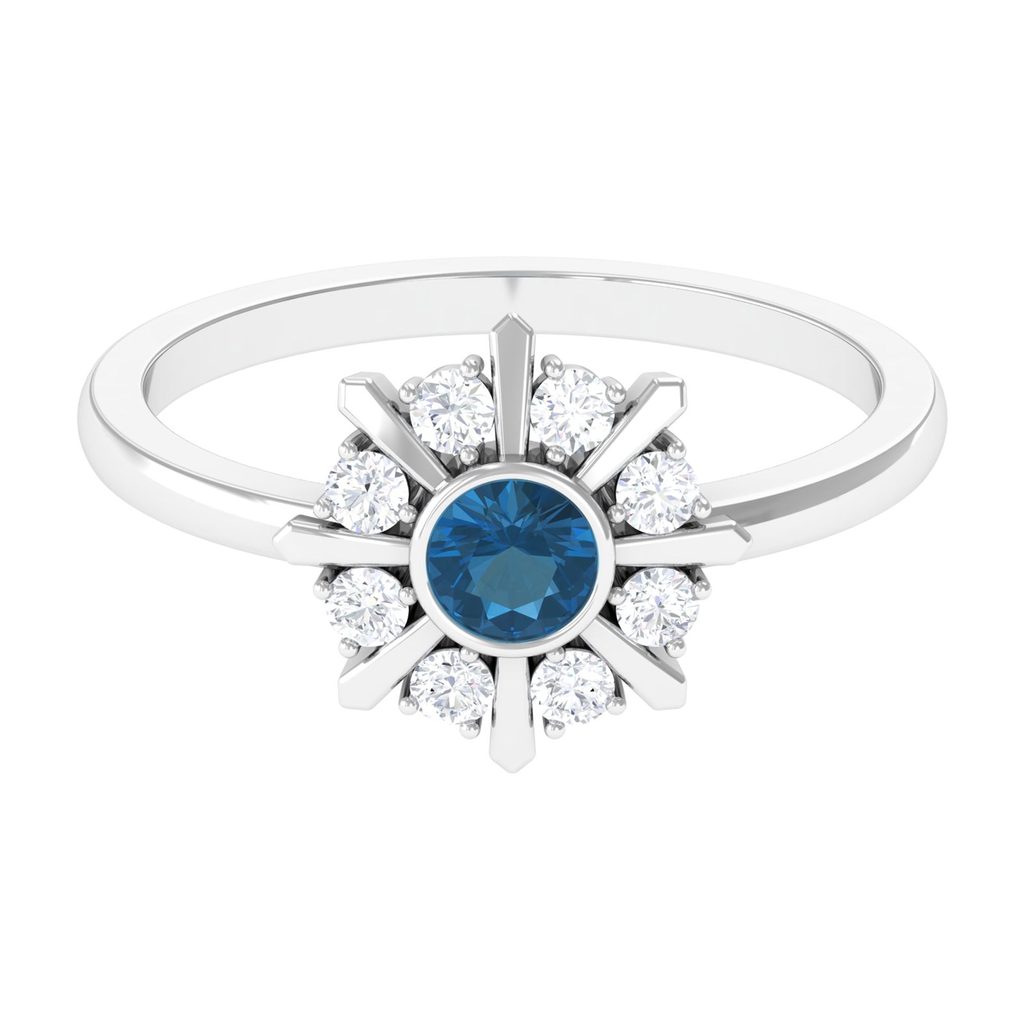 5mm Round London Blue Topaz Flower Ring with Diamond