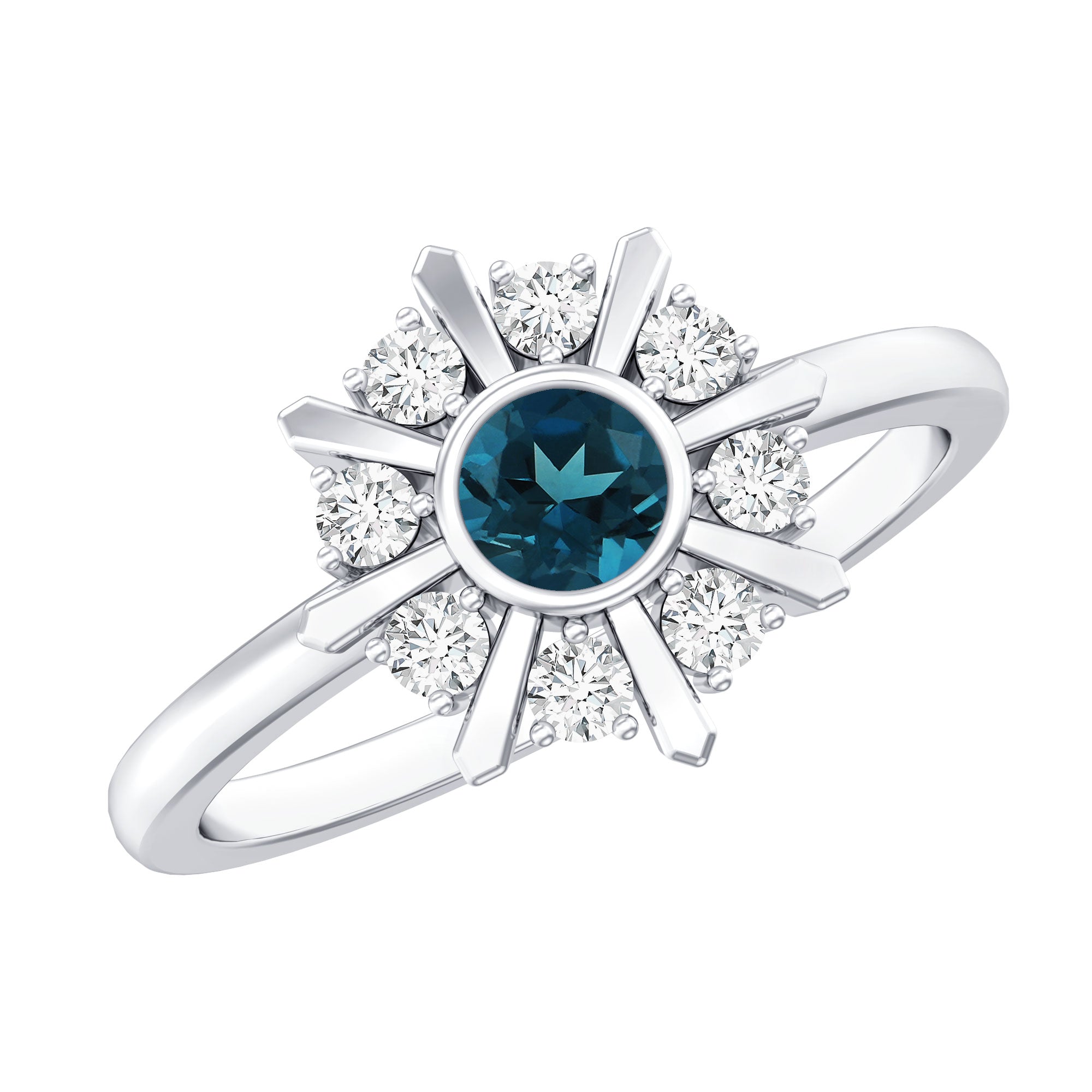5mm Round London Blue Topaz Flower Ring with Diamond
