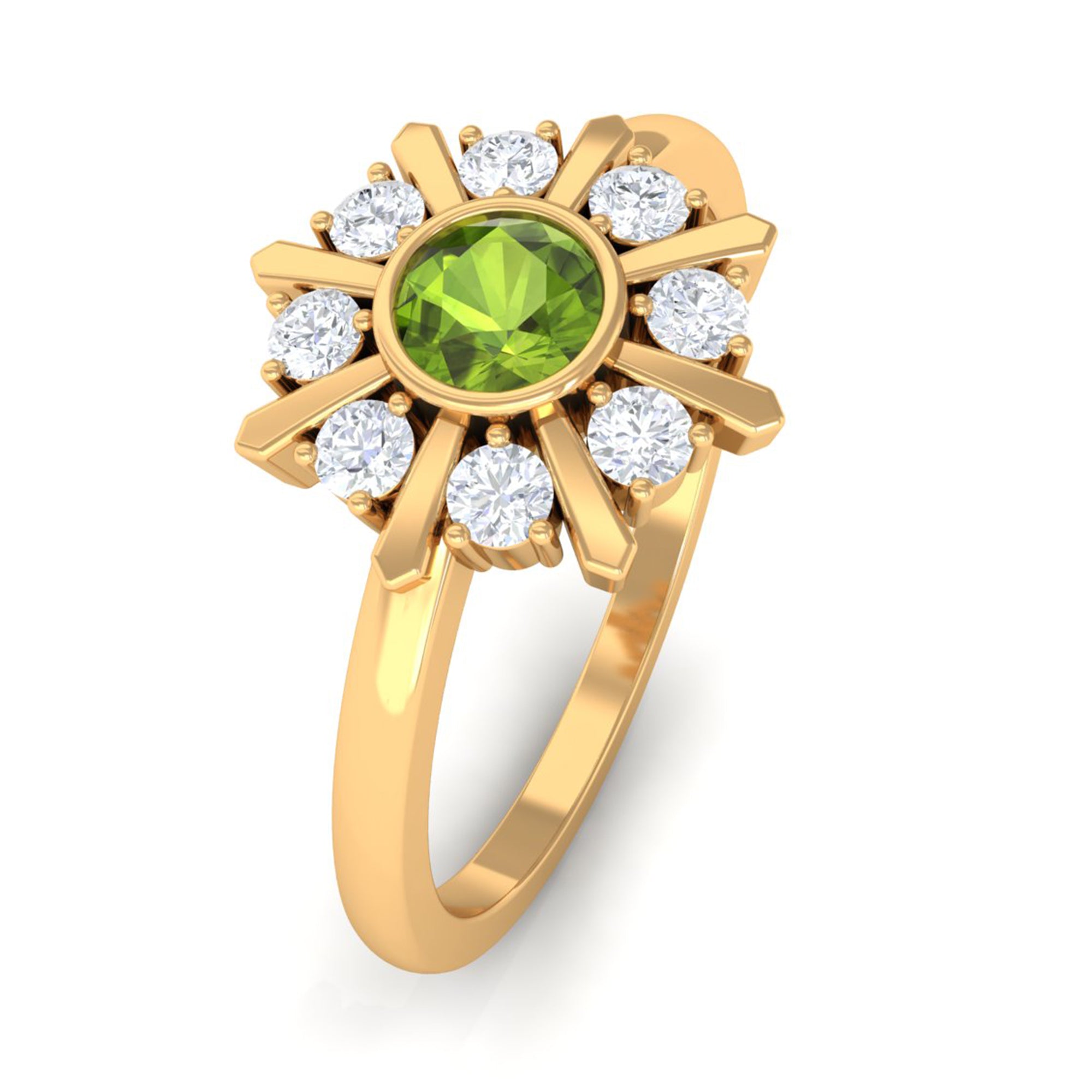 0.50 CT Natural Peridot Statement Ring with Diamond Stones AAA - Rosec Jewels