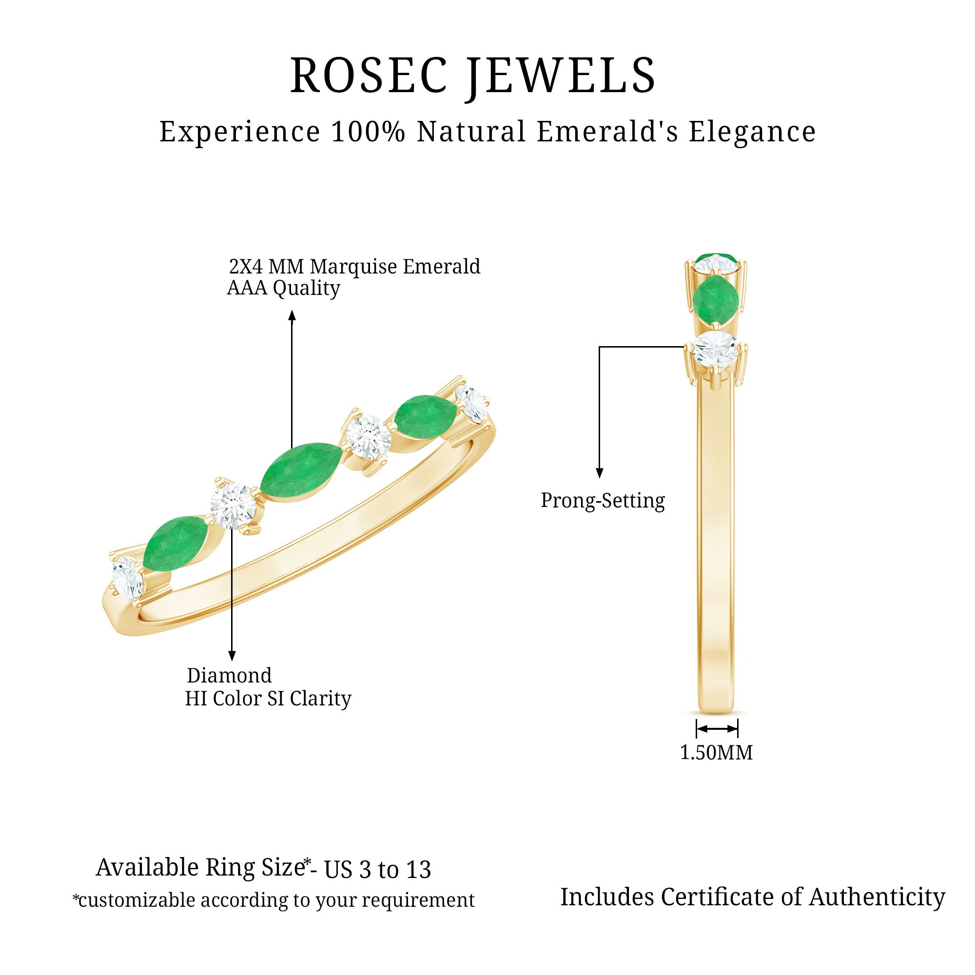 Rosec Jewels-Genuine Emerald and Diamond Minimalist Half Eternity Ring