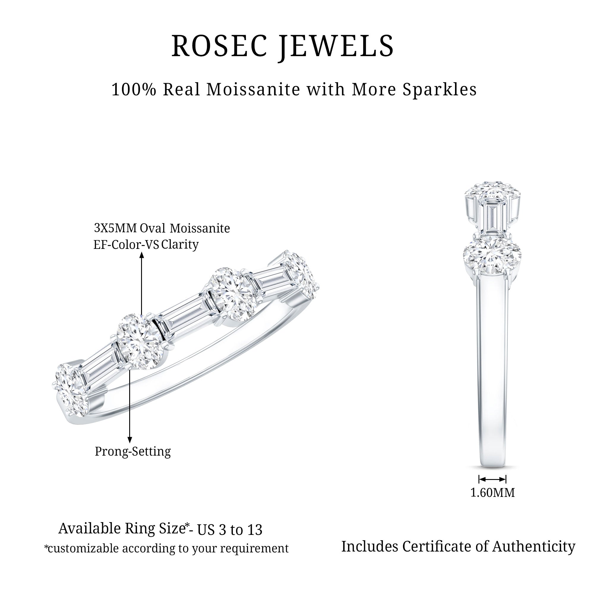 Oval and Baguette Cut Moissanite Half Eternity Ring D-VS1 - Rosec Jewels