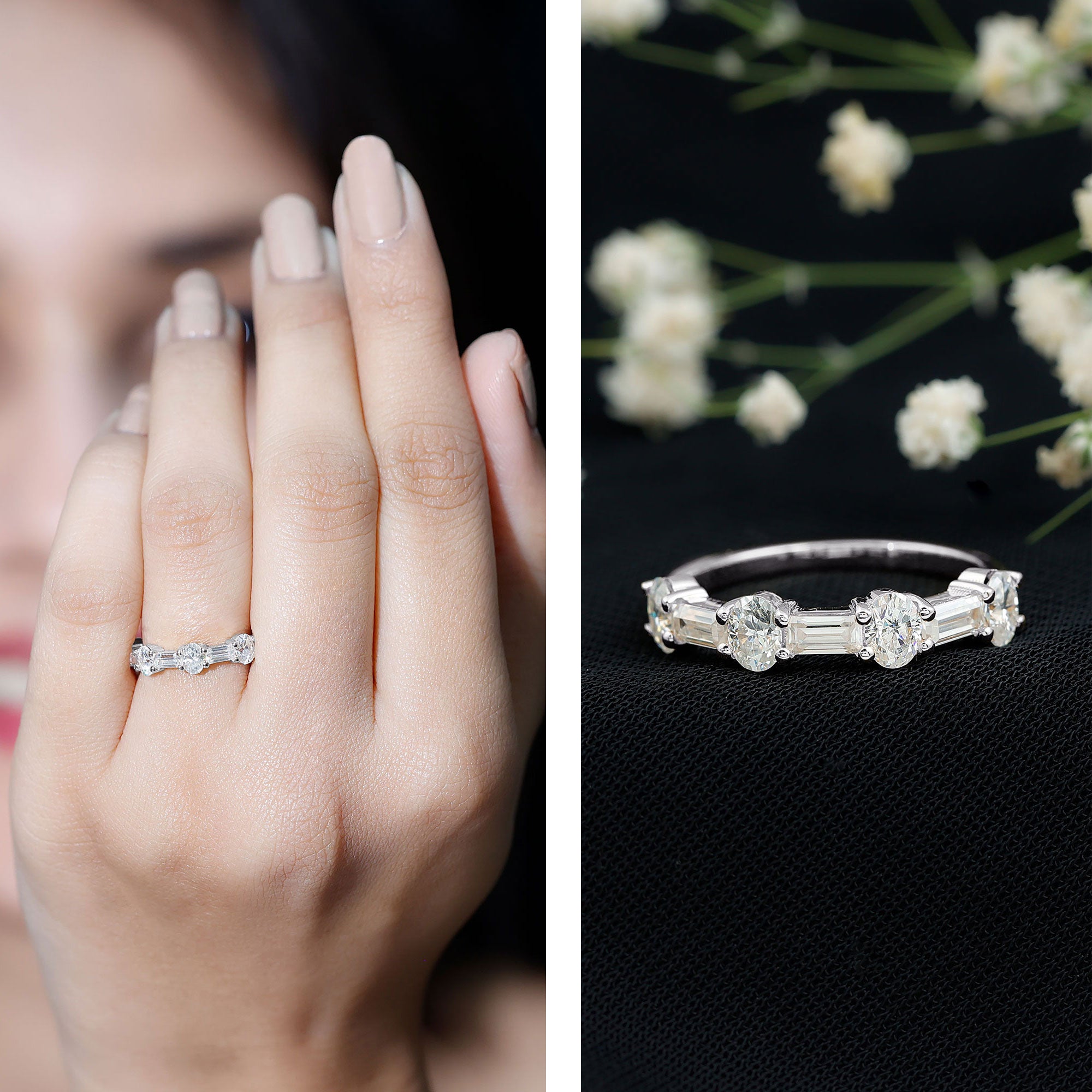 Oval and Baguette Cut Moissanite Half Eternity Ring D-VS1 - Rosec Jewels