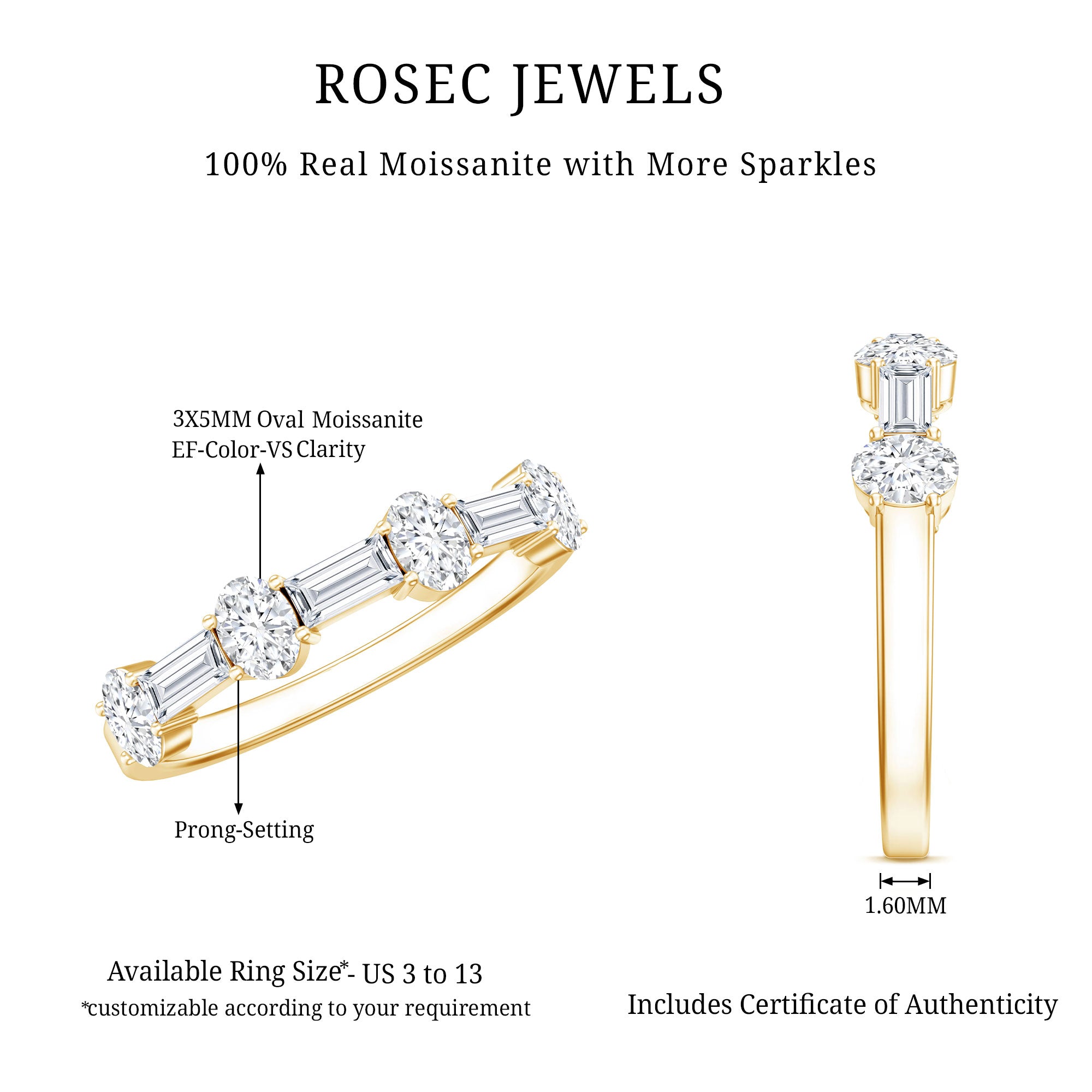 Oval and Baguette Cut Moissanite Half Eternity Ring D-VS1 - Rosec Jewels