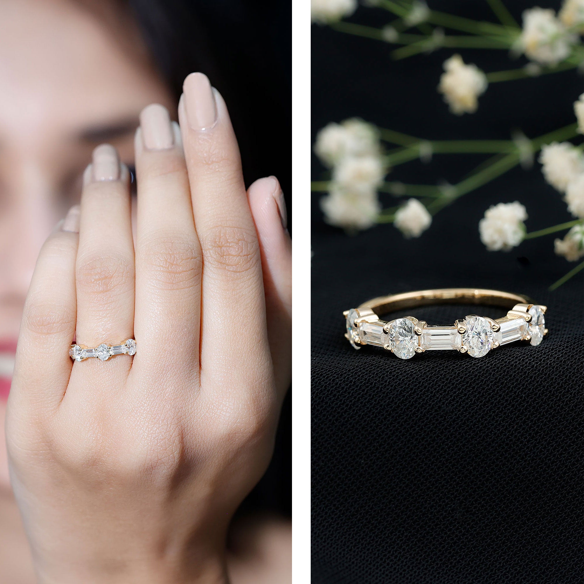 Oval and Baguette Cut Moissanite Half Eternity Ring D-VS1 - Rosec Jewels