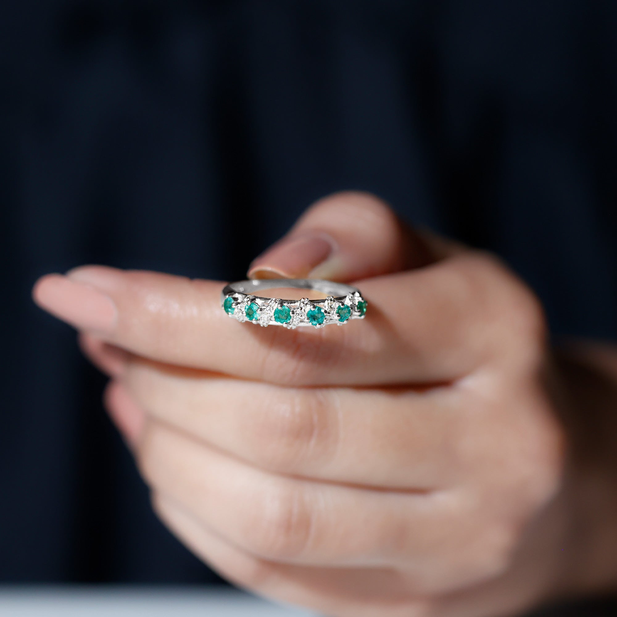 Rosec Jewels-Emerald and Diamond Designer Wedding Band for Women