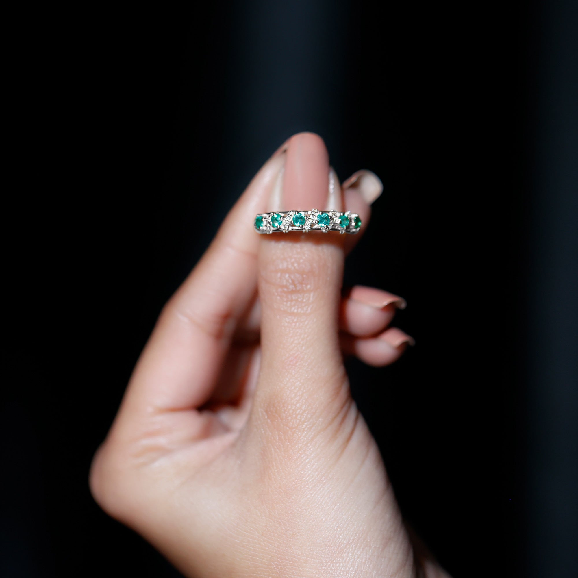 Rosec Jewels-Emerald and Diamond Designer Wedding Band for Women