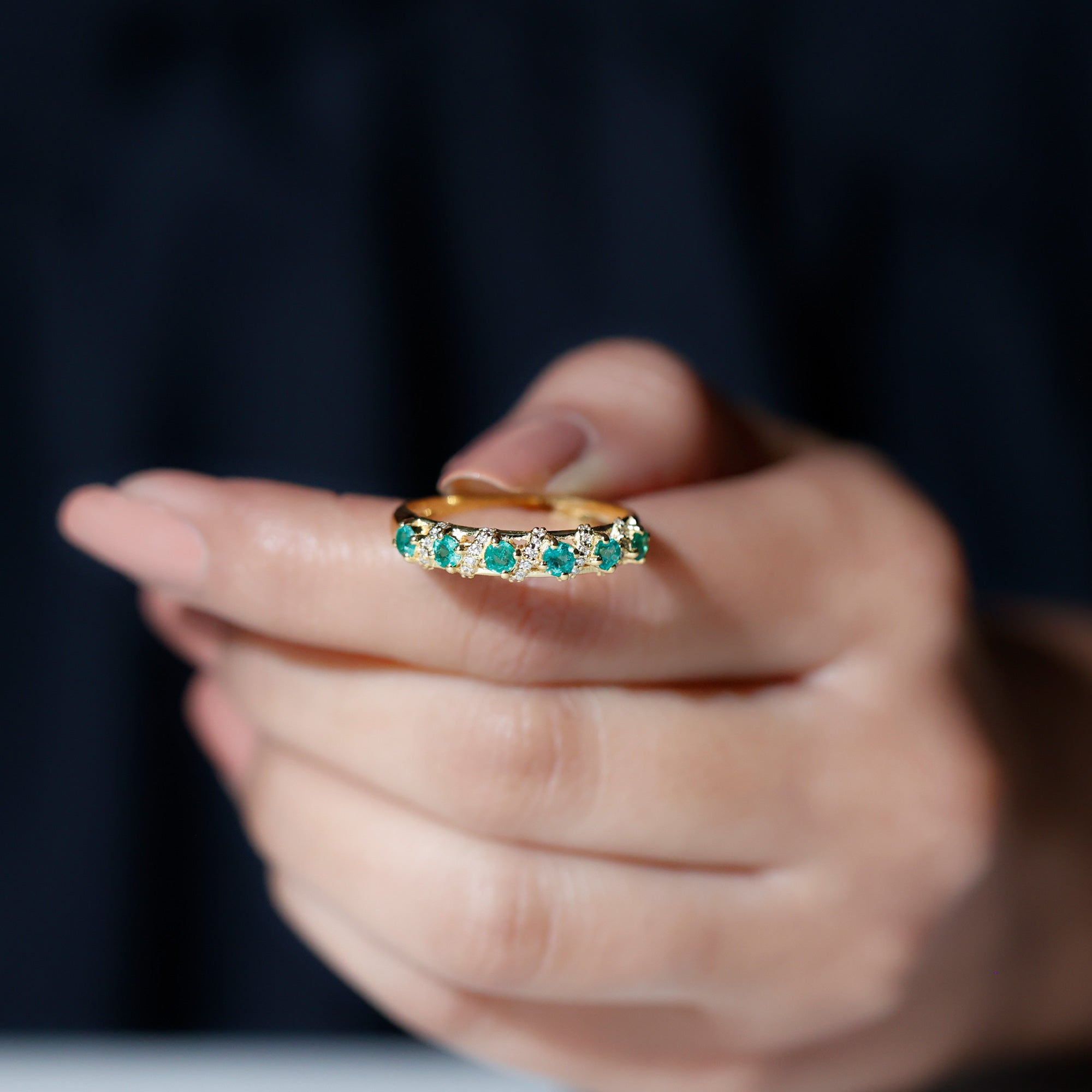 Rosec Jewels-Emerald and Diamond Designer Wedding Band for Women