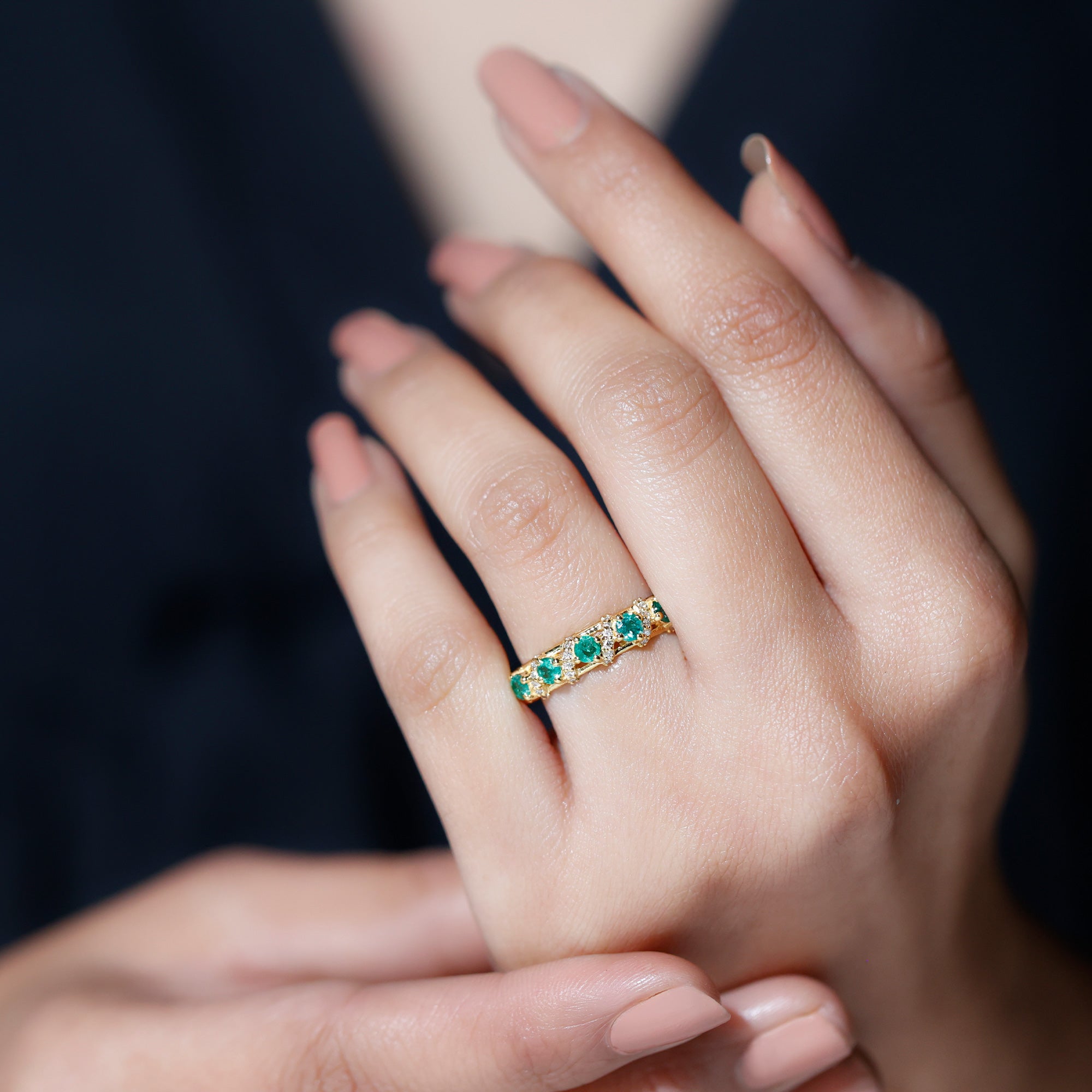 Rosec Jewels-Emerald and Diamond Designer Wedding Band for Women