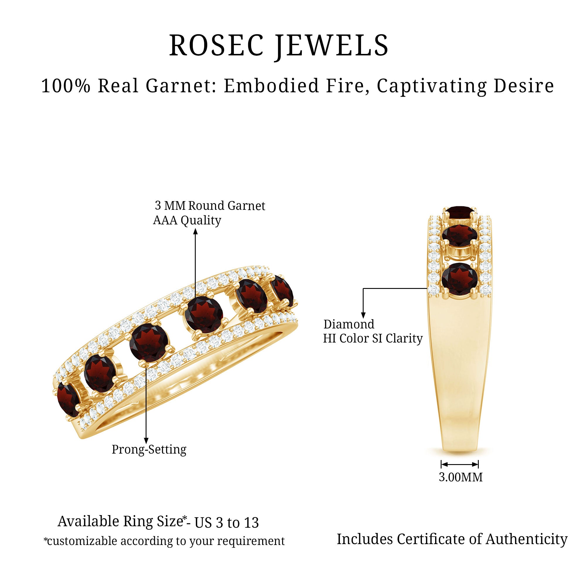 Rosec Jewels-Natural Garnet Half Eternity Band with Diamond