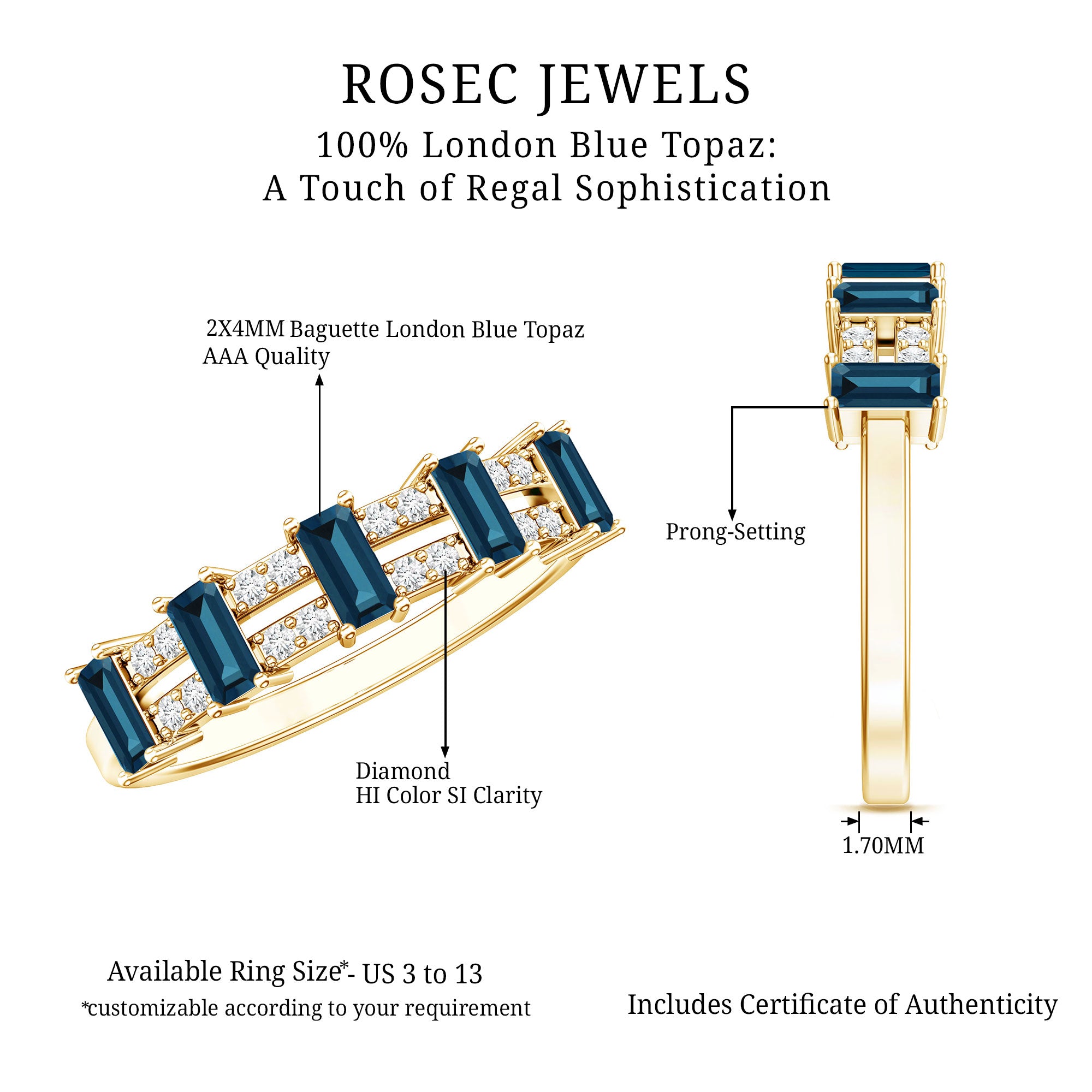Baguette London Blue Topaz Half Eternity Band with Diamond AAA - Rosec Jewels