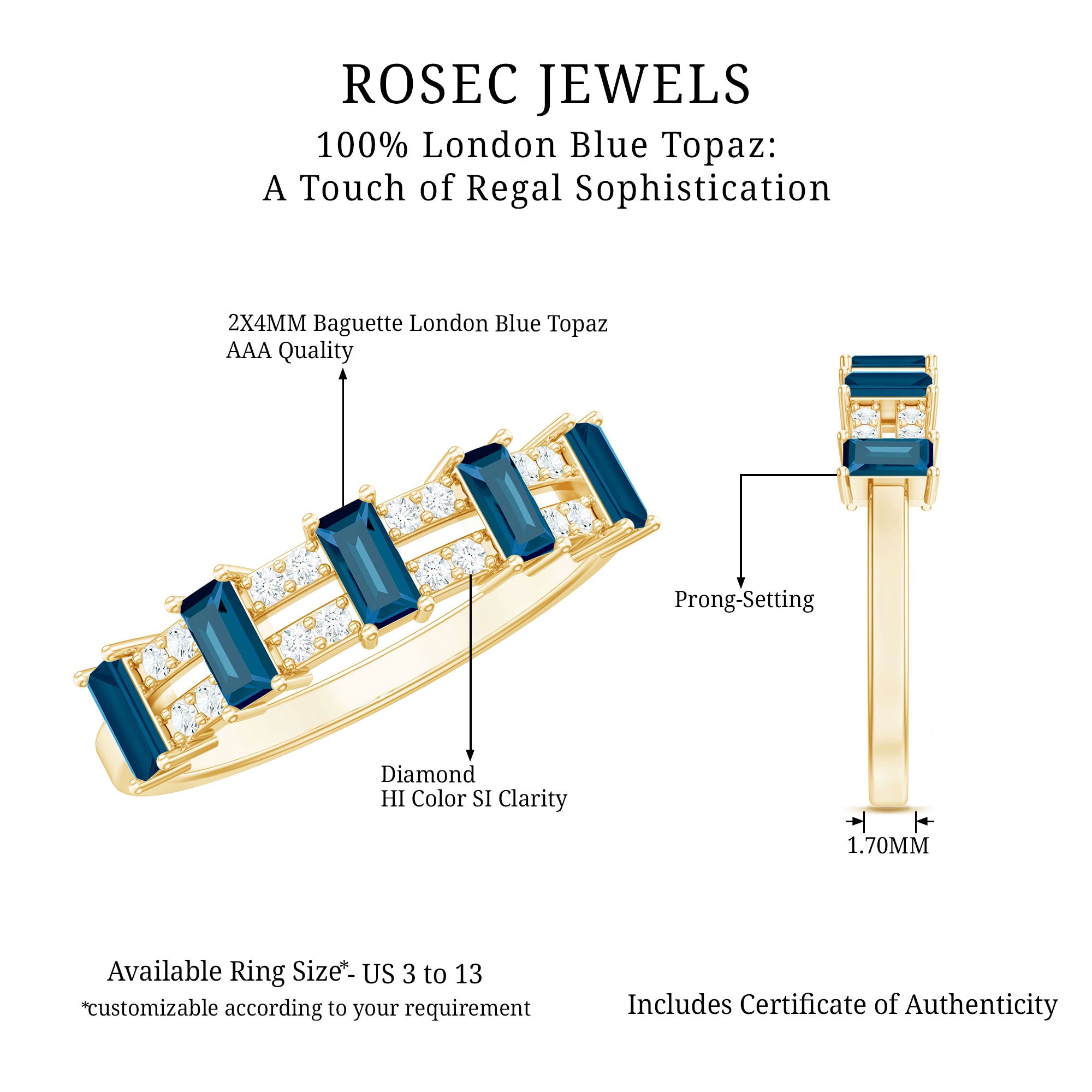 Baguette London Blue Topaz Half Eternity Band with Diamond AAA - Rosec Jewels
