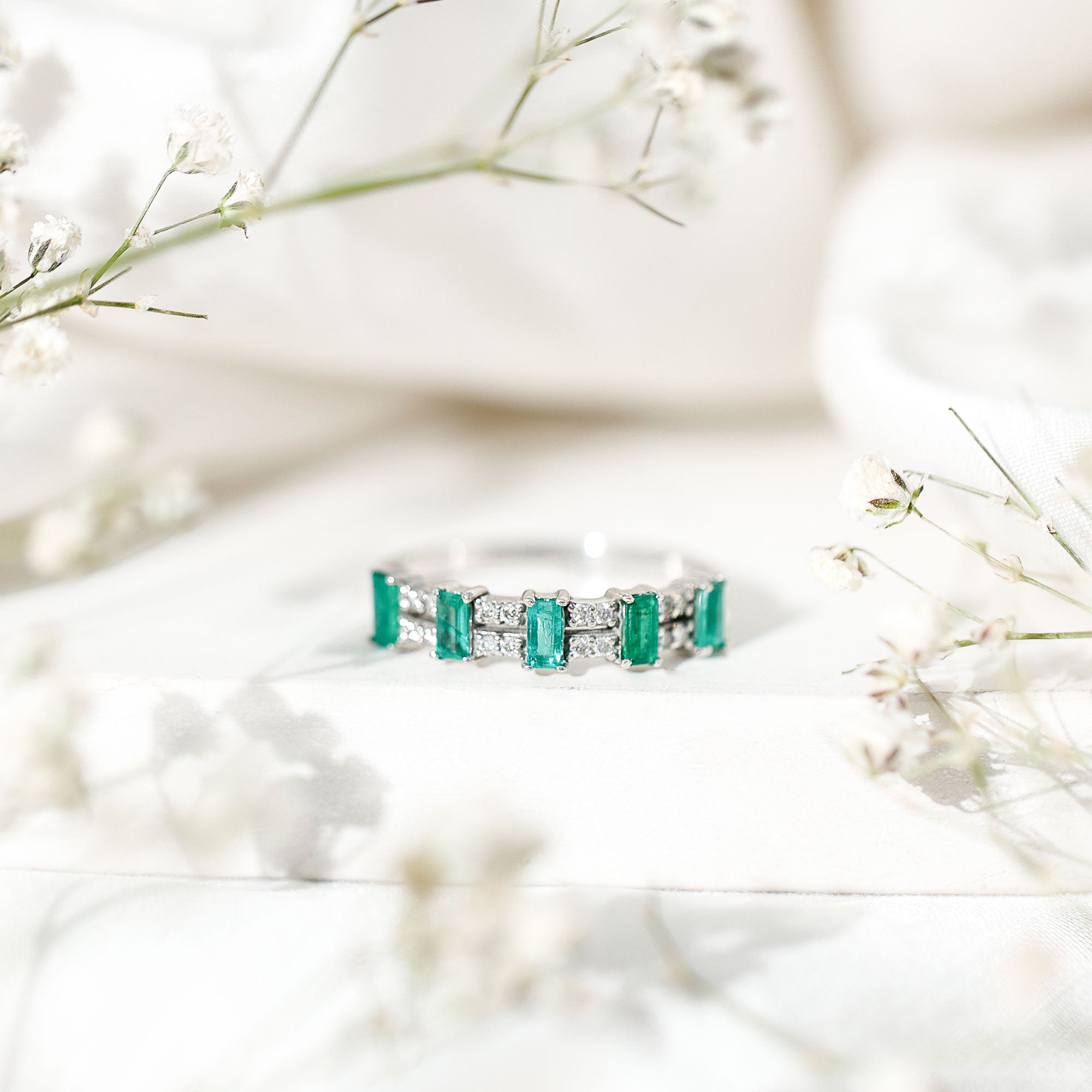 Baguette Cut Emerald and Diamond Half Eternity Band AAA - Rosec Jewels