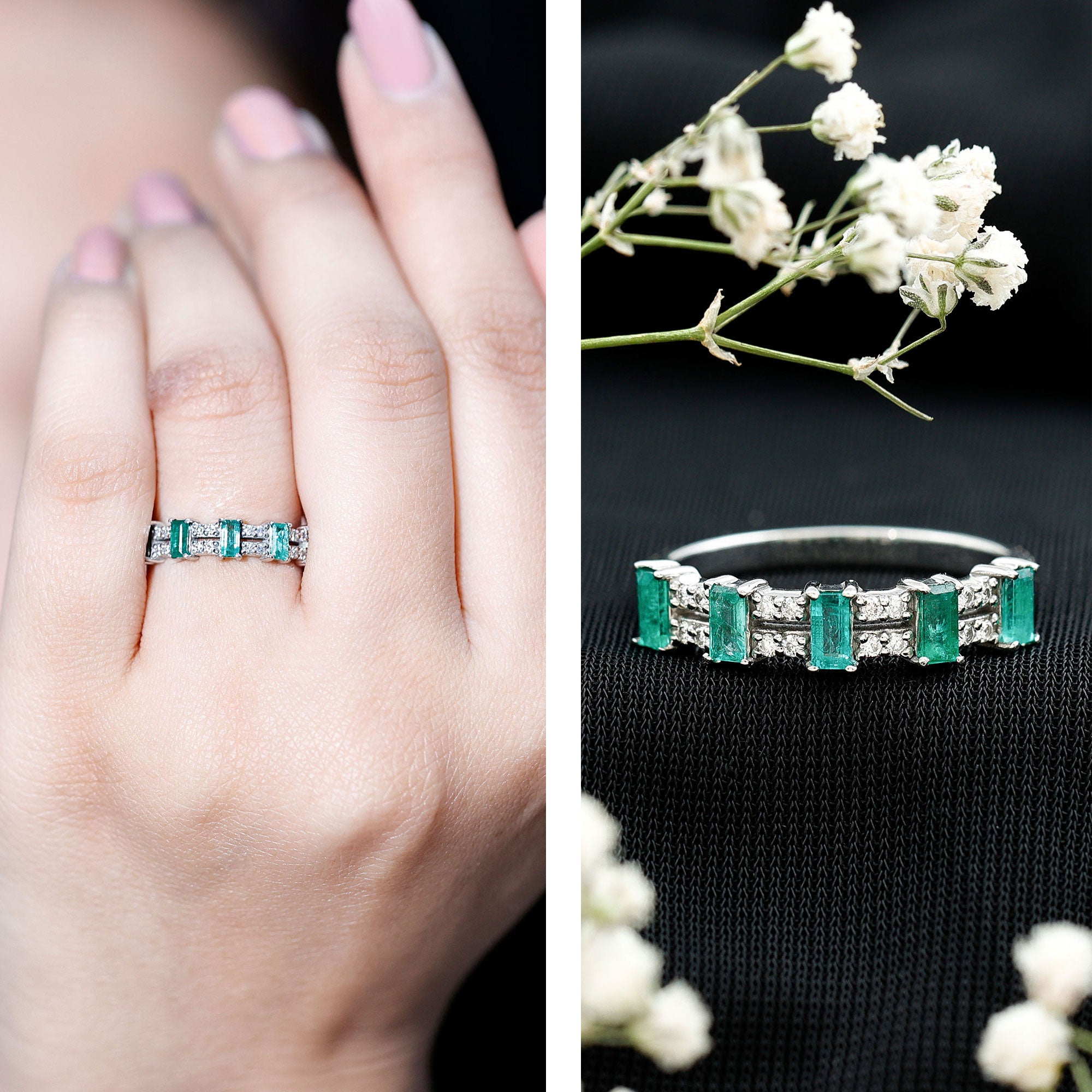 Baguette Cut Emerald and Diamond Half Eternity Band AAA - Rosec Jewels