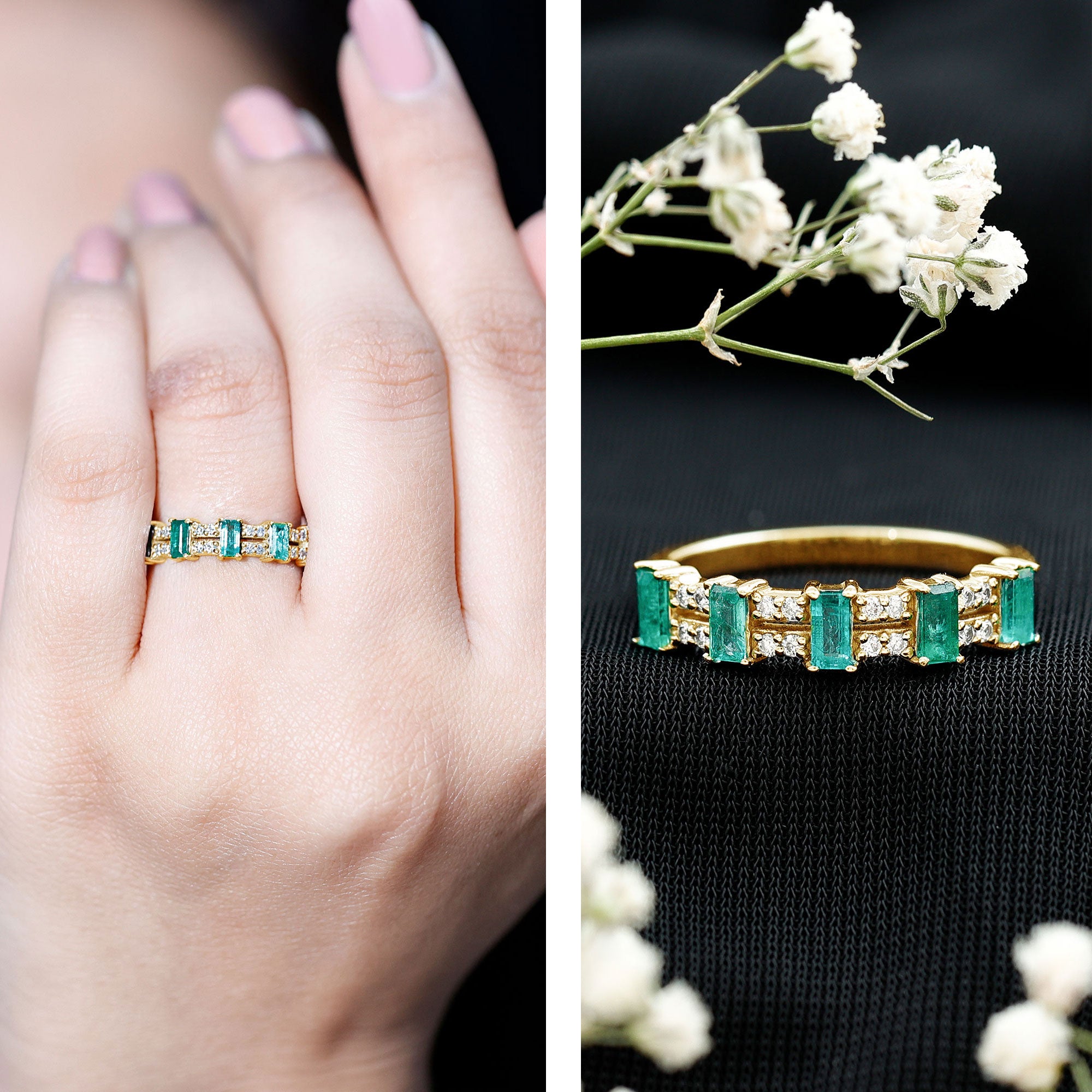 Baguette Cut Emerald and Diamond Half Eternity Band AAA - Rosec Jewels