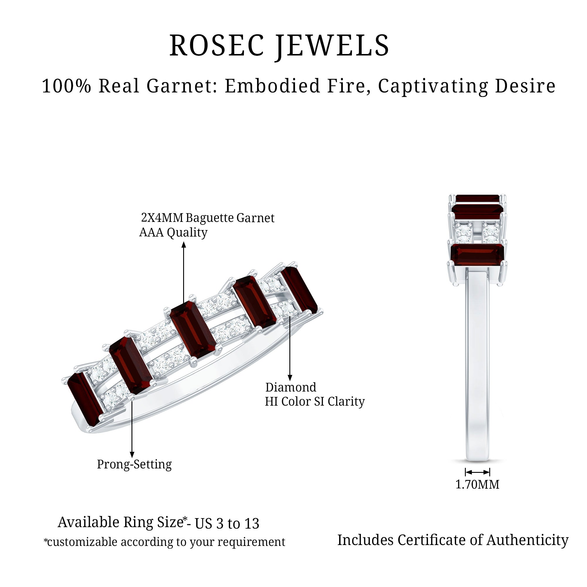 Natural Baguette Garnet Half Eternity Band with Diamond AAA - Rosec Jewels
