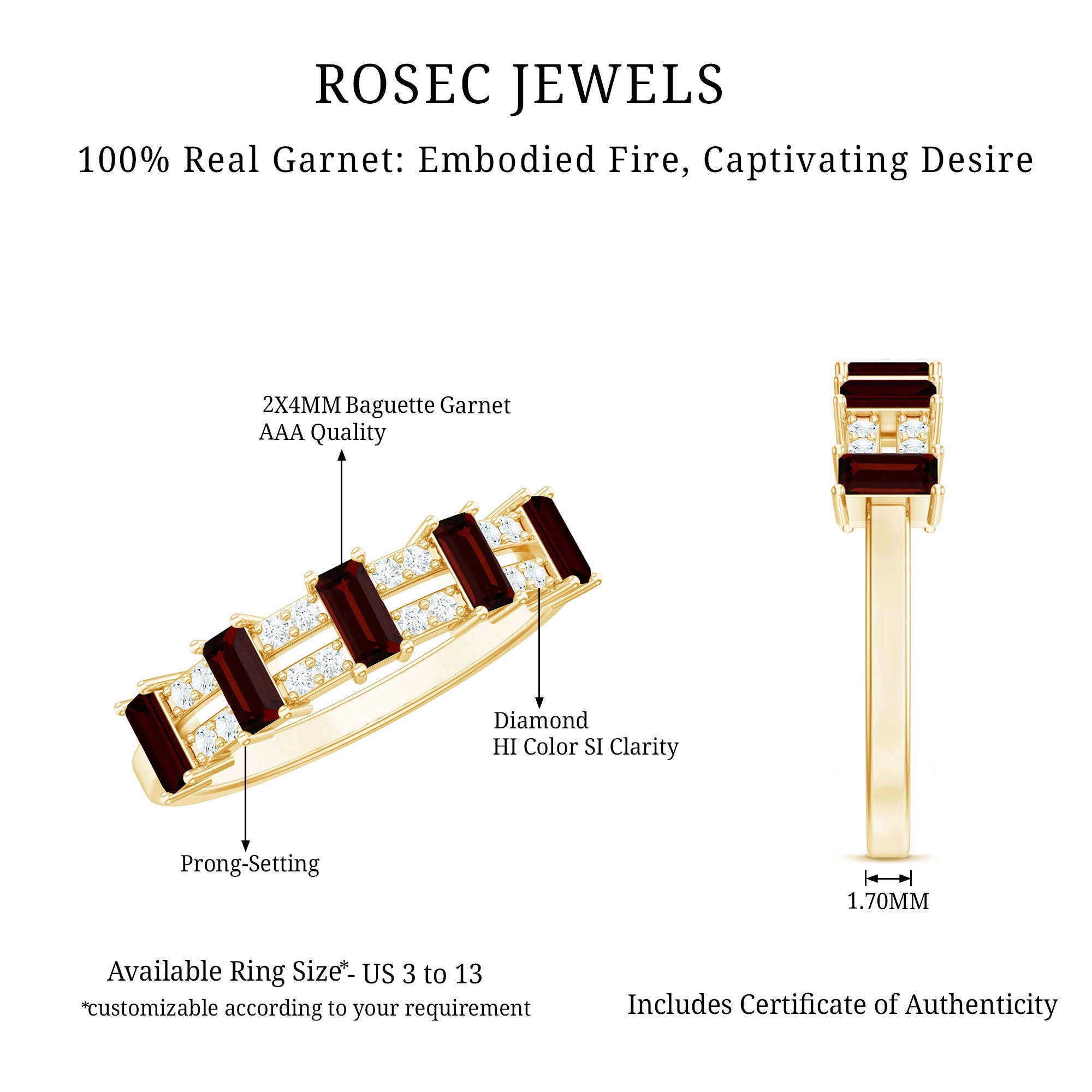 Natural Baguette Garnet Half Eternity Band with Diamond AAA - Rosec Jewels