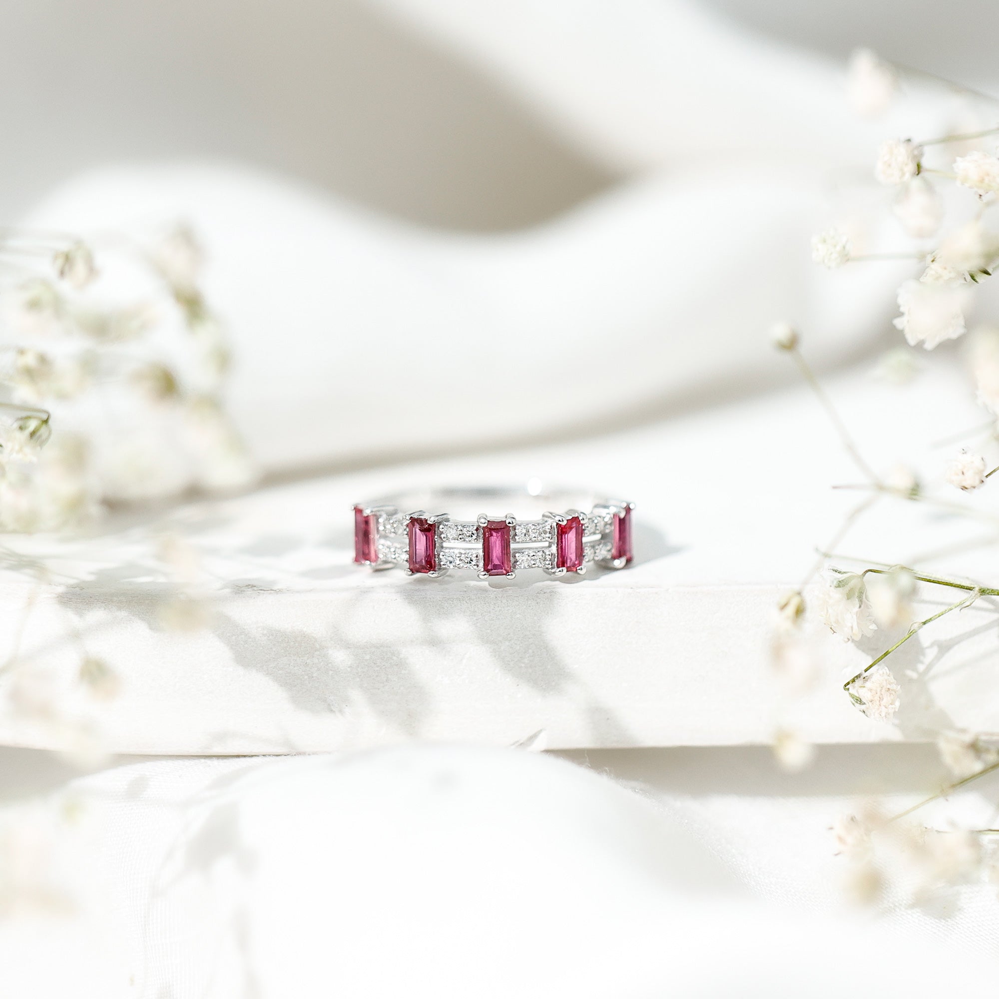 Rosec Jewels-Real Baguette Ruby Half Eternity Band Ring with Diamond