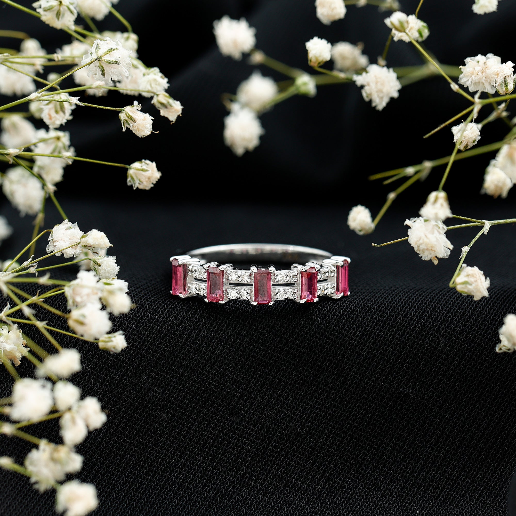 Rosec Jewels-Real Baguette Ruby Half Eternity Band Ring with Diamond