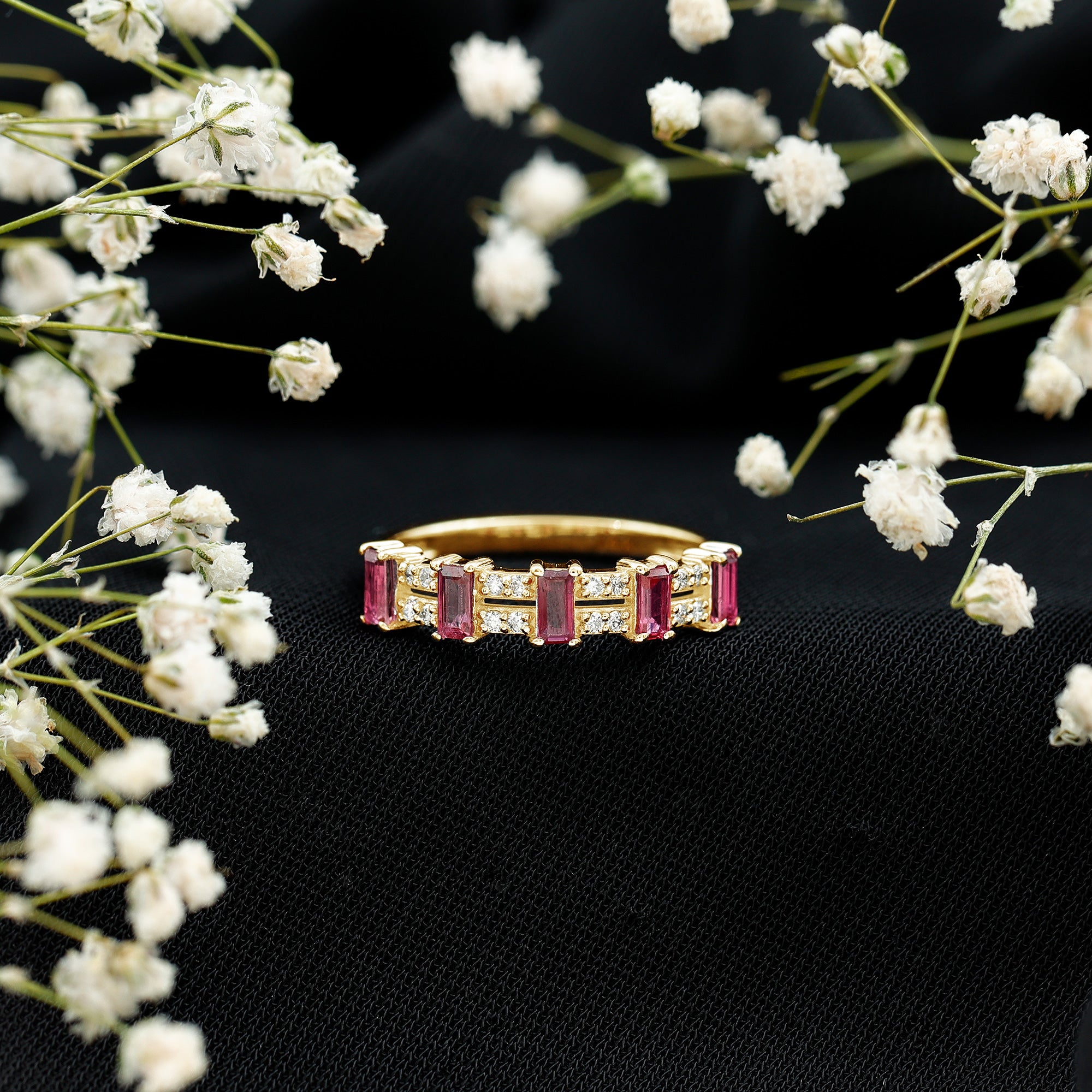 Rosec Jewels-Real Baguette Ruby Half Eternity Band Ring with Diamond