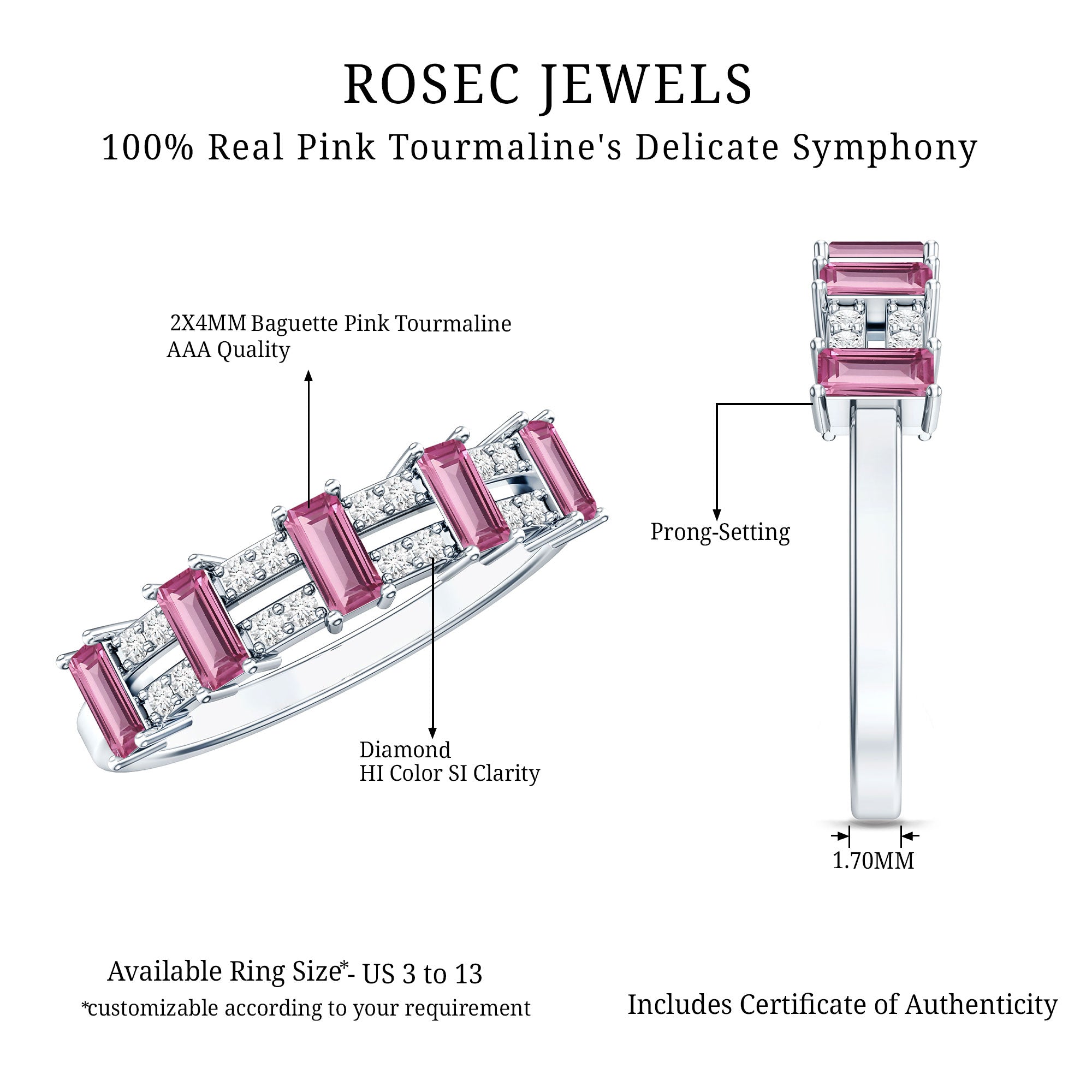 Natural Pink Tourmaline Wide Half Eternity Ring with Diamond AAA - Rosec Jewels