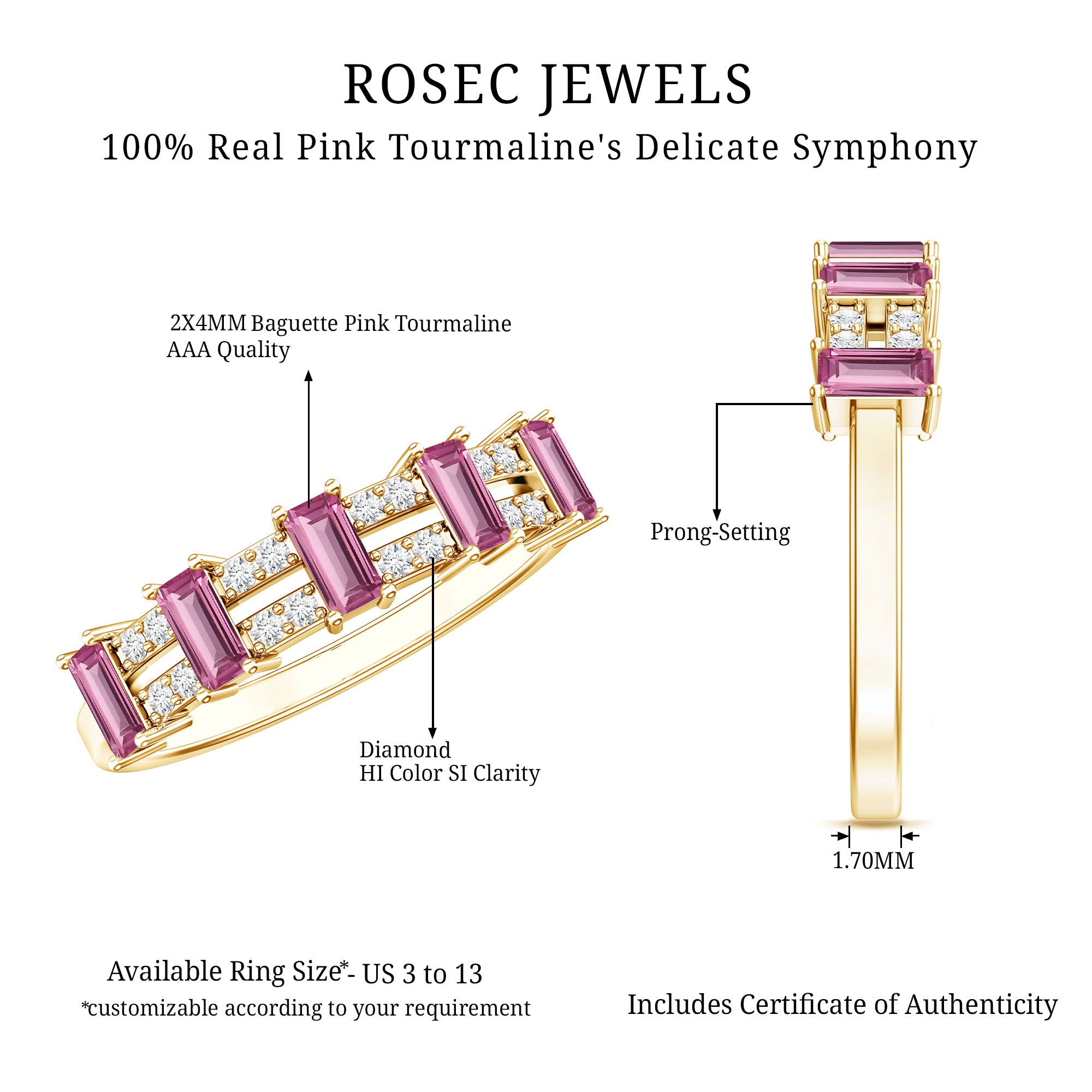 Natural Pink Tourmaline Wide Half Eternity Ring with Diamond AAA - Rosec Jewels