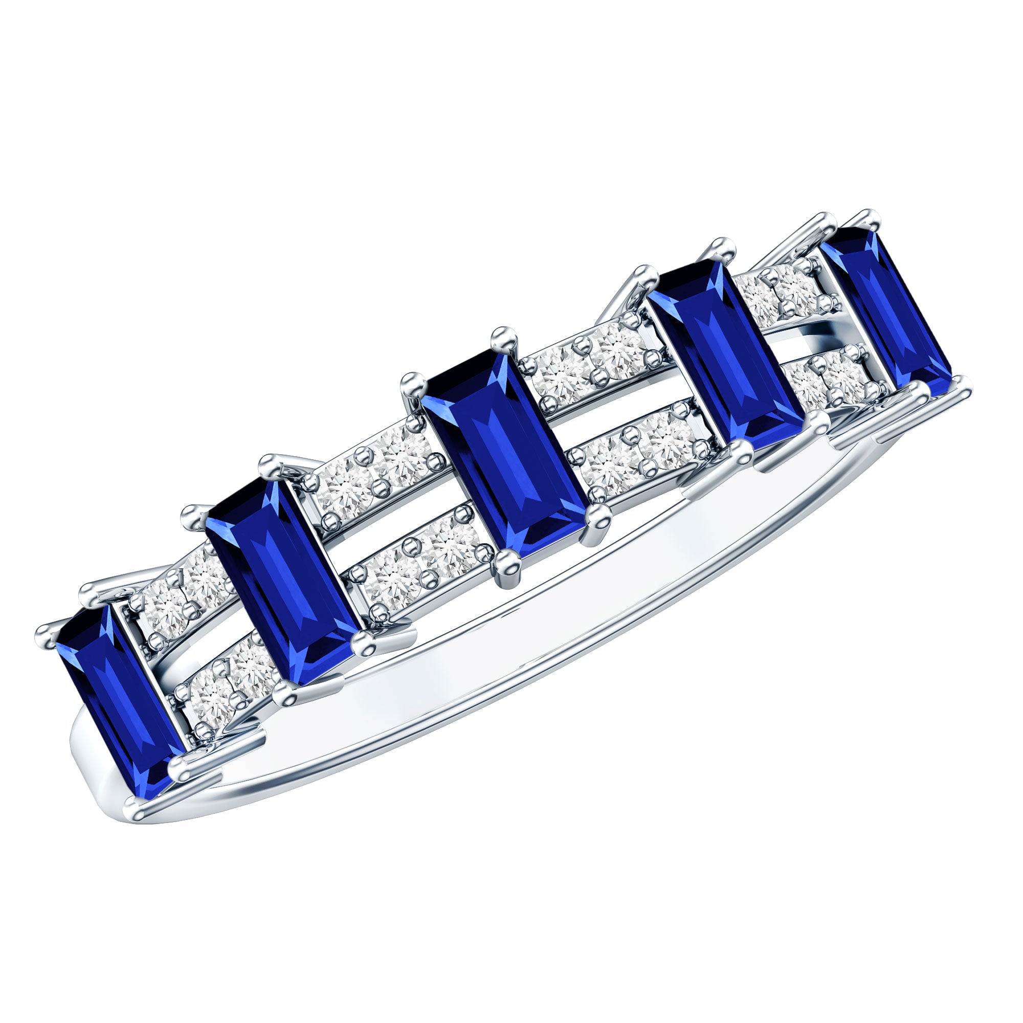 Certified Baguette Lab Grown Blue Sapphire Half Eternity Band Ring with Diamond AAAA - Rosec Jewels