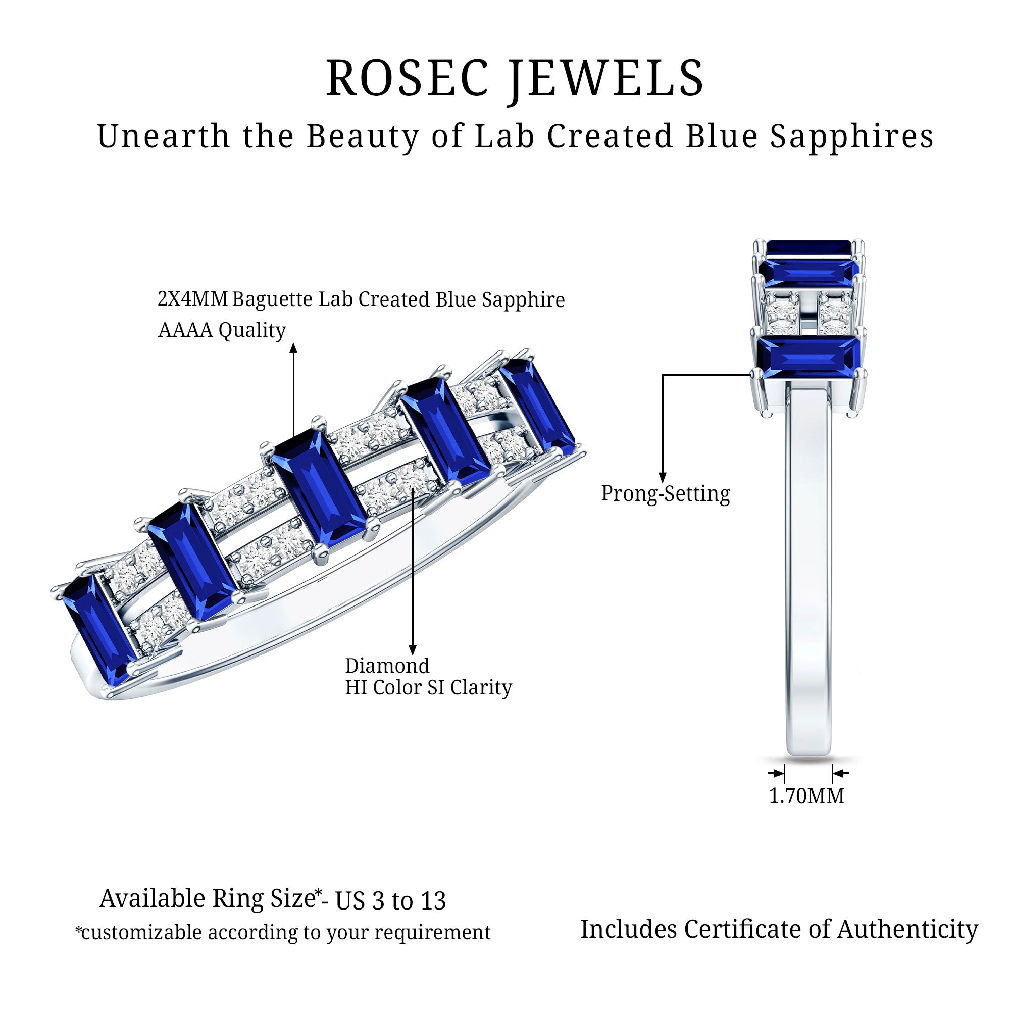 Certified Baguette Lab Grown Blue Sapphire Half Eternity Band Ring with Diamond AAAA - Rosec Jewels