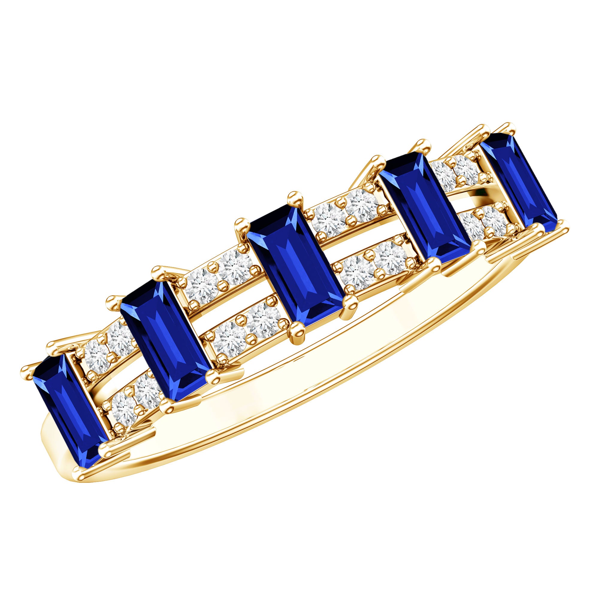 Certified Baguette Lab Grown Blue Sapphire Half Eternity Band Ring with Diamond AAAA - Rosec Jewels