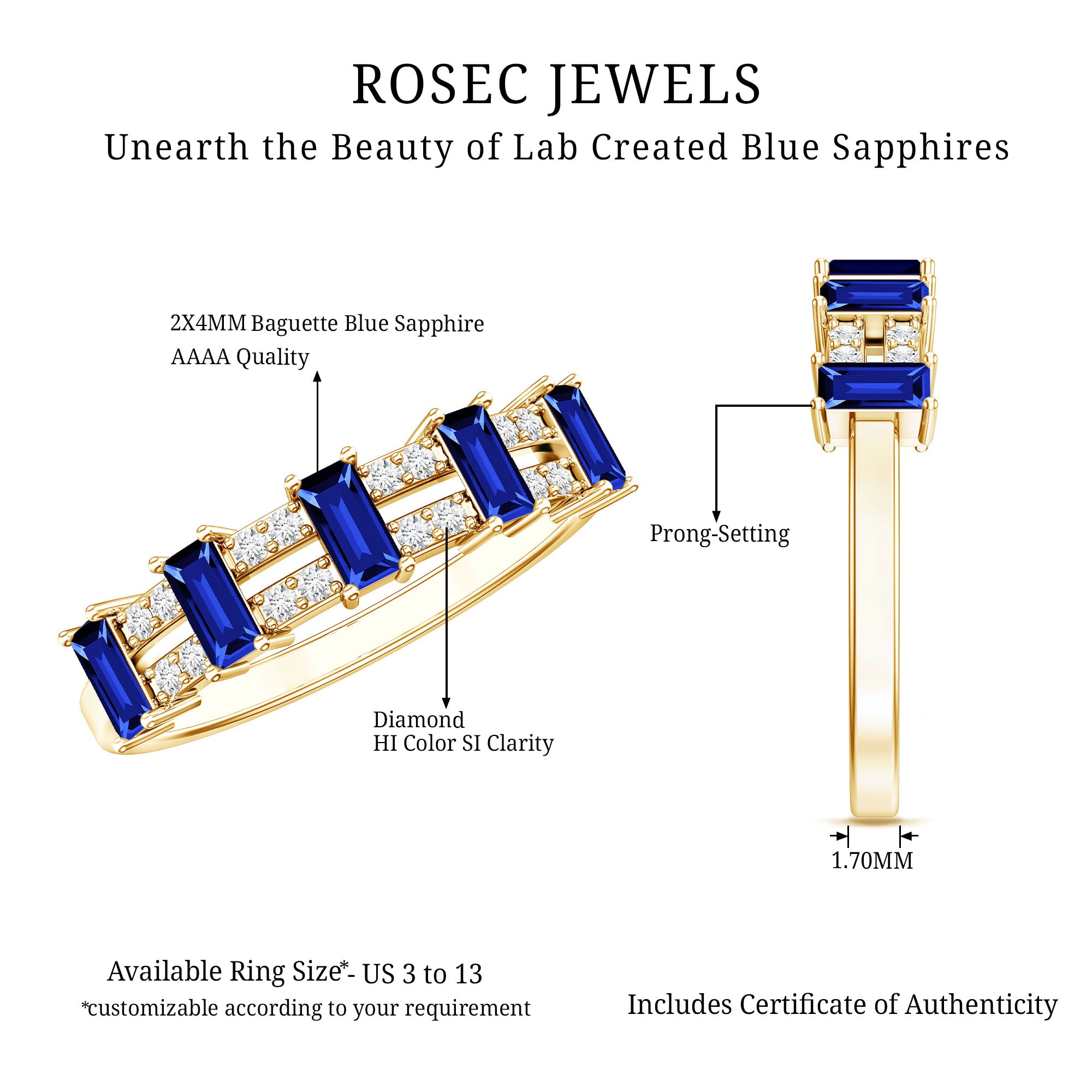Certified Baguette Lab Grown Blue Sapphire Half Eternity Band Ring with Diamond AAAA - Rosec Jewels