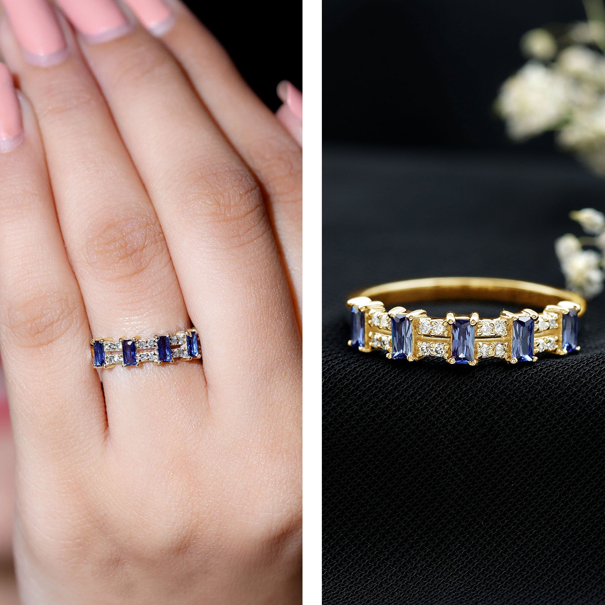 Certified Baguette Lab Grown Blue Sapphire Half Eternity Band Ring with Diamond AAAA - Rosec Jewels