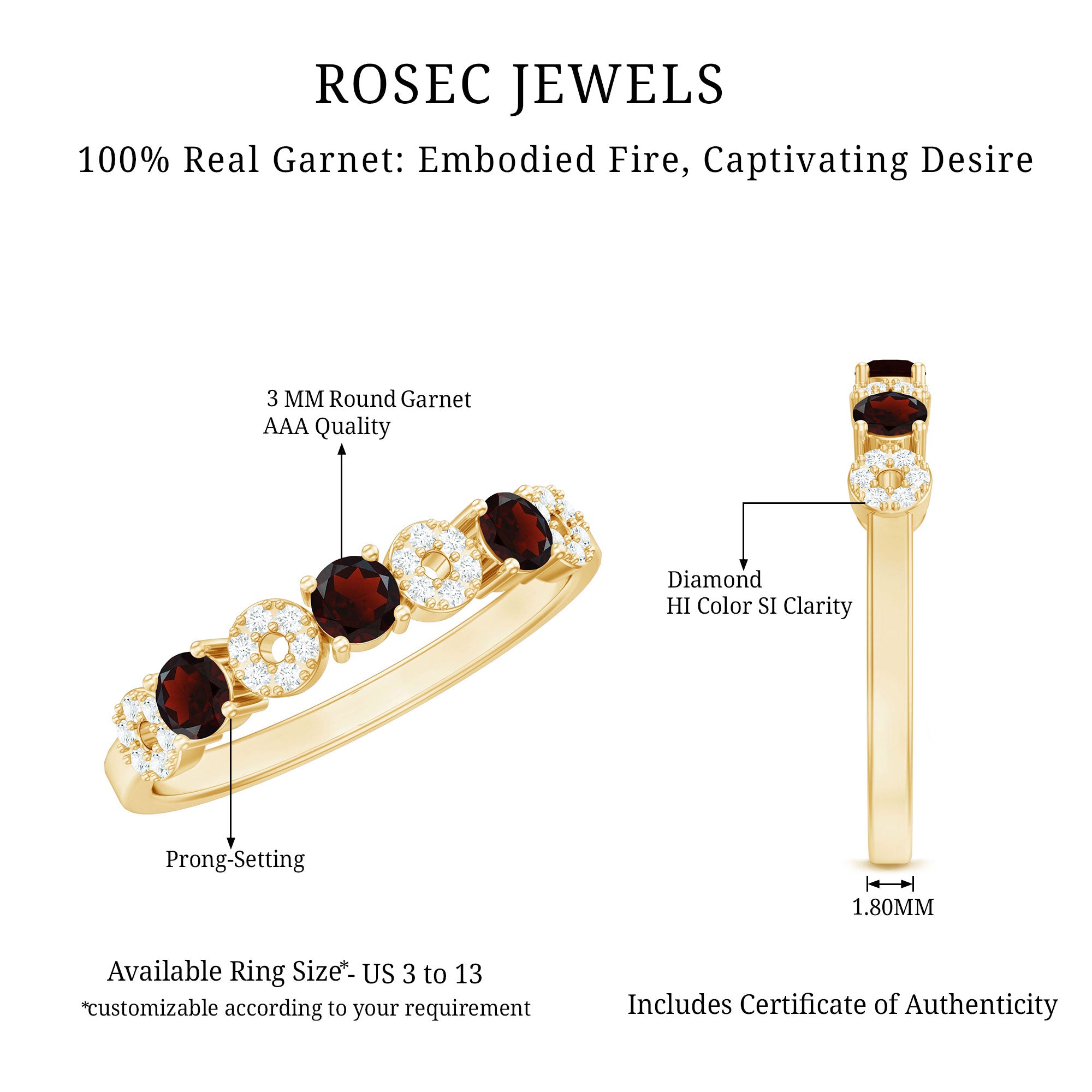Rosec Jewels-Natural Garnet Diamond Half Eternity Ring with Certificate