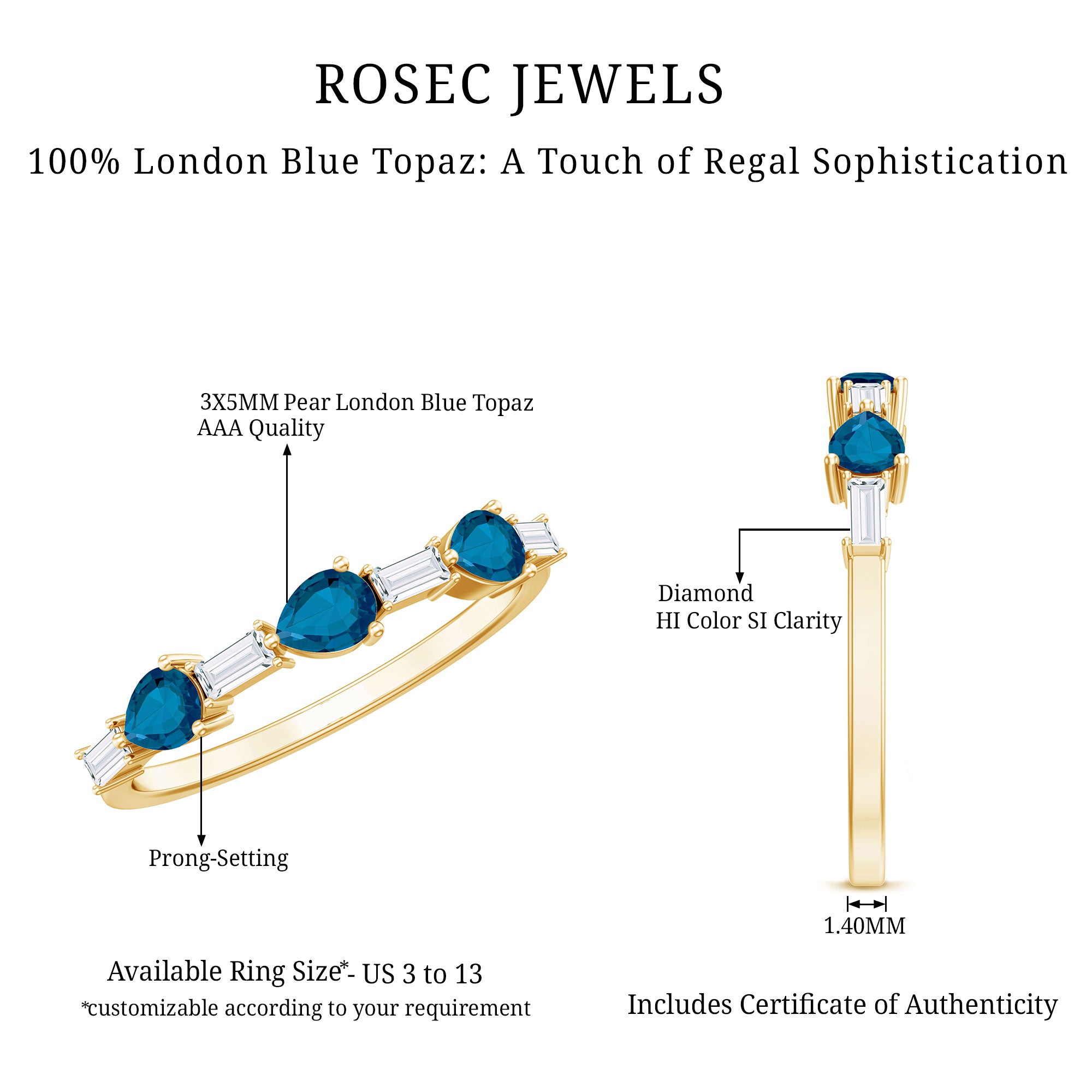 Pear Shape London Blue Topaz Eternity Band with Baguette Diamonds AAA - Rosec Jewels