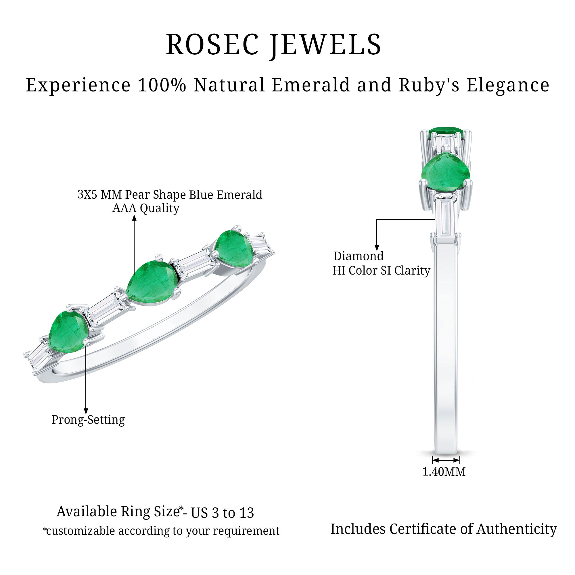 Certified Natural Emerald Diamond Half Eternity Anniversary Ring in East West Style AAA - Rosec Jewels