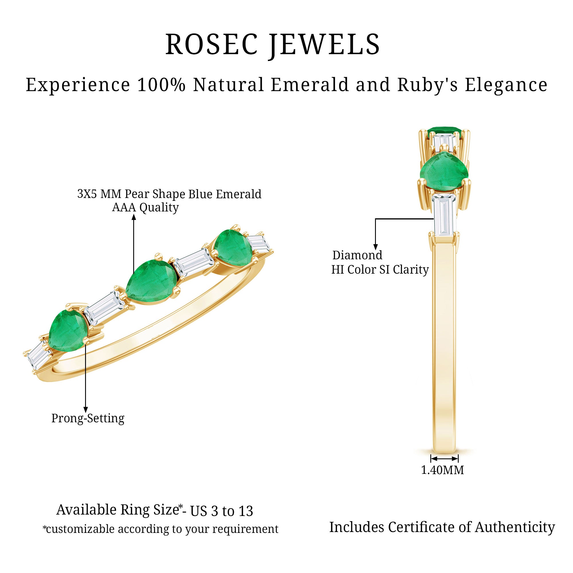 Certified Natural Emerald Diamond Half Eternity Anniversary Ring in East West Style AAA - Rosec Jewels