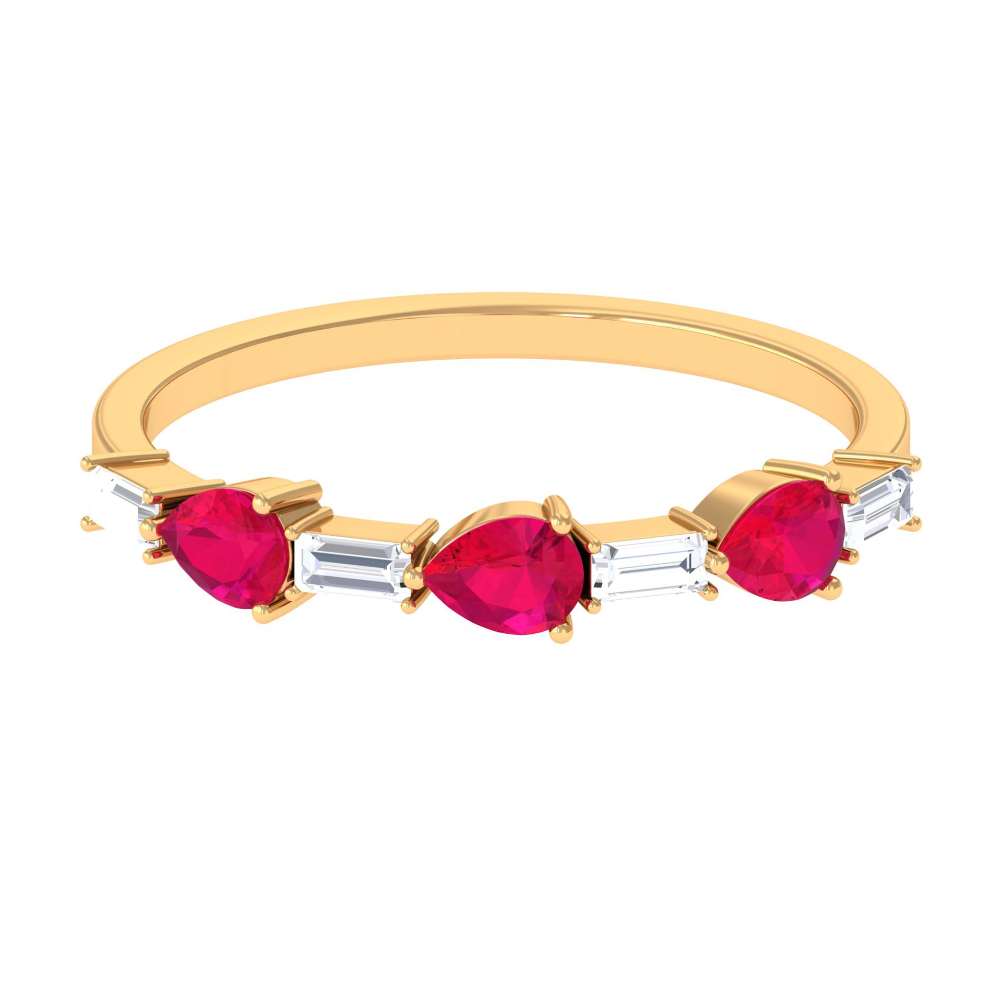 East West Style Pear Shape Ruby Half Eternity Ring with Baguette Diamond AAA - Rosec Jewels