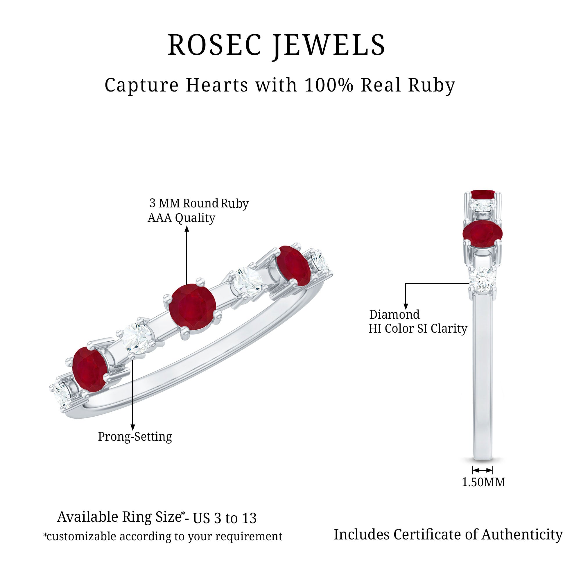 Rosec Jewels-Natural Ruby Half Eternity Anniversary Ring with Diamond