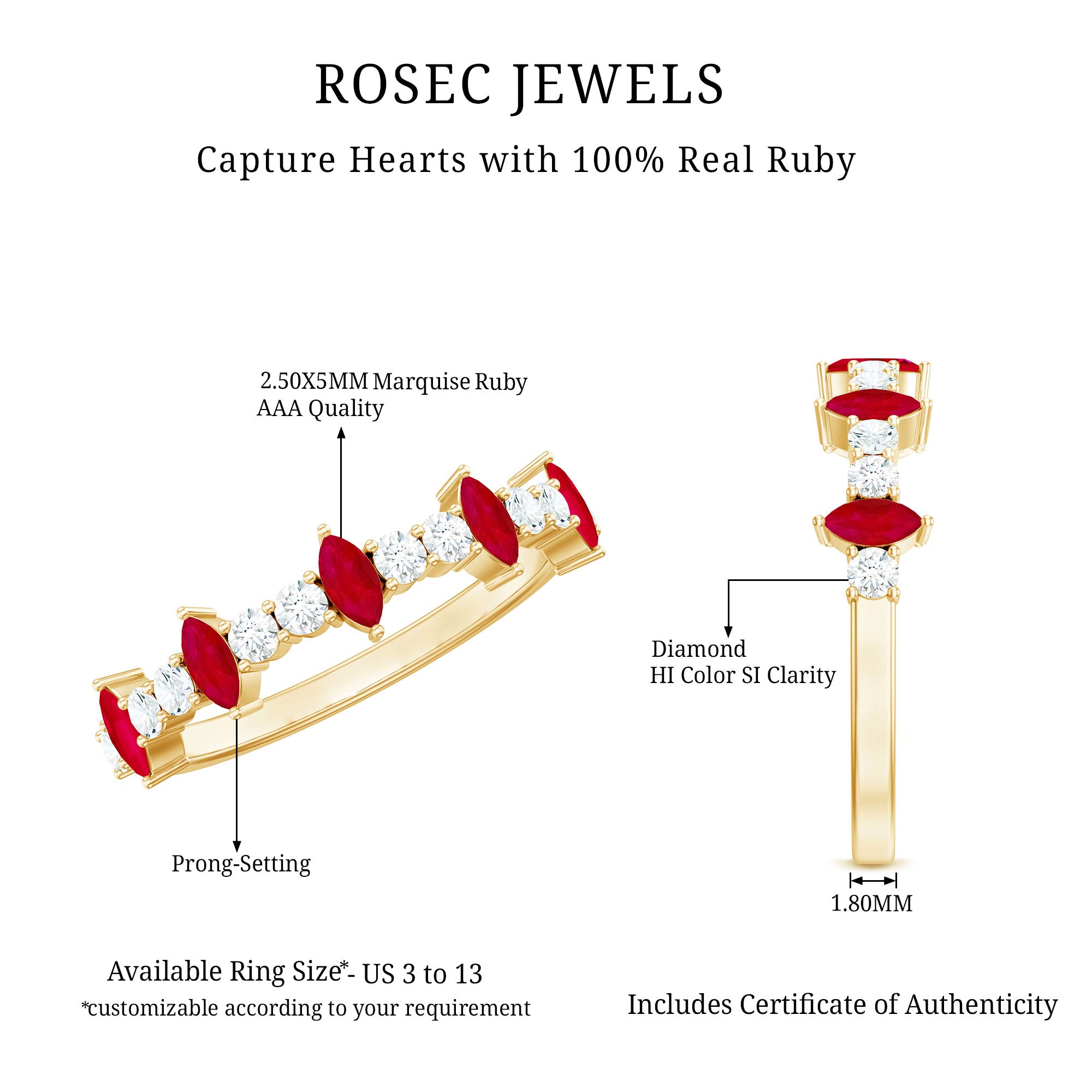 Rosec Jewels-Natural Marquise Ruby Diamond Half Eternity Ring