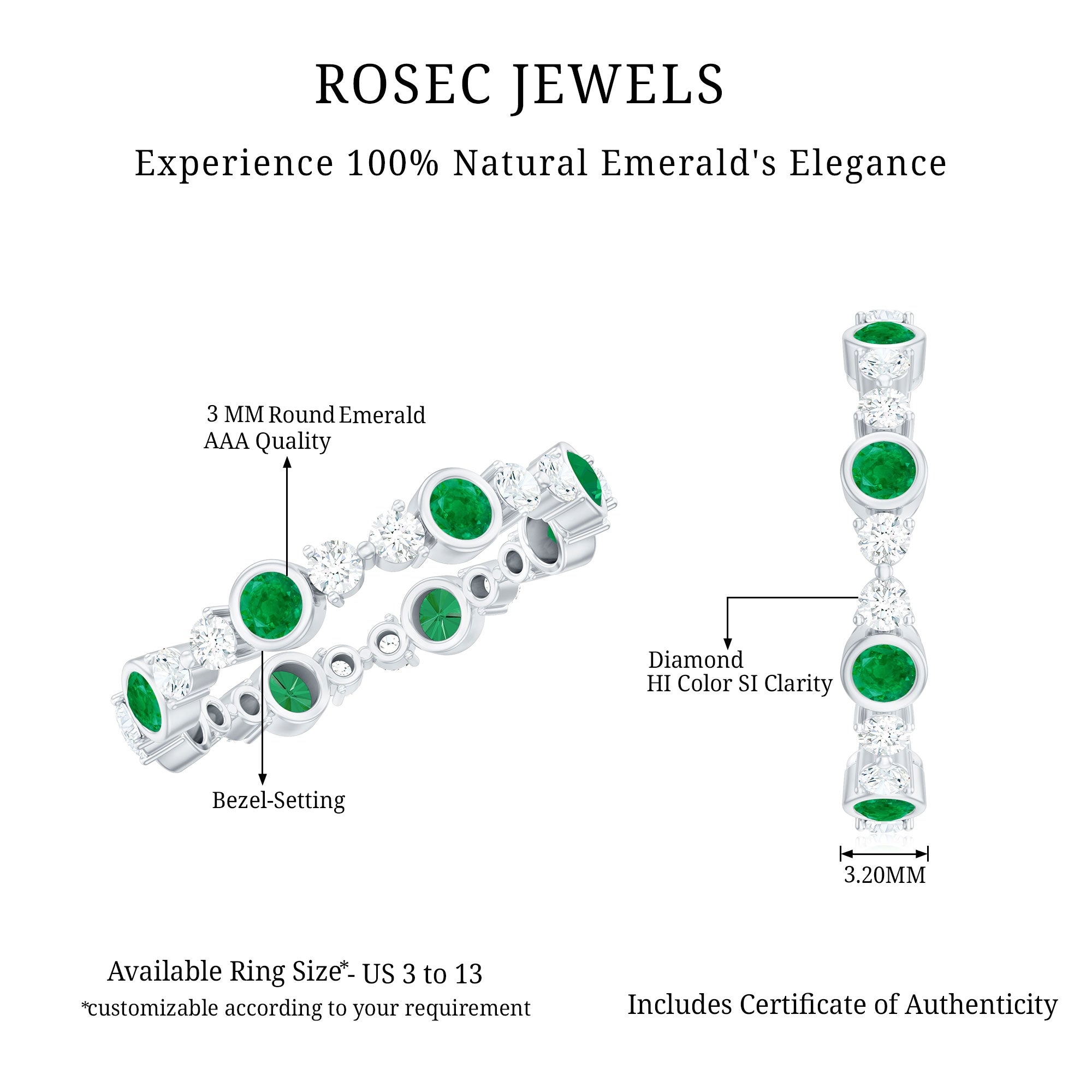 Natural Emerald Diamond Eternity Ring with Certificate AAA - Rosec Jewels