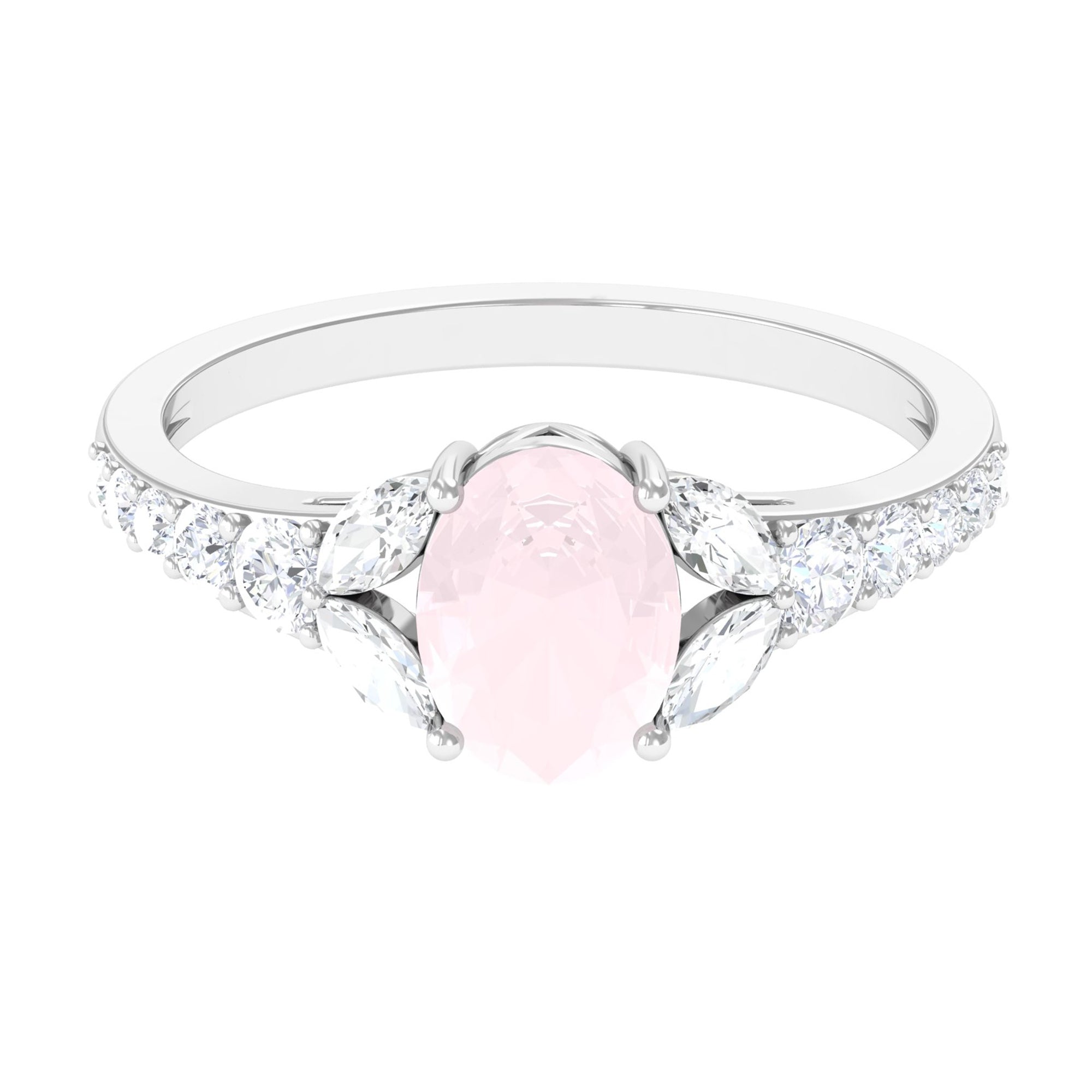 Split Shank Oval Rose Quartz Solitaire Engagement Ring with Moissanite