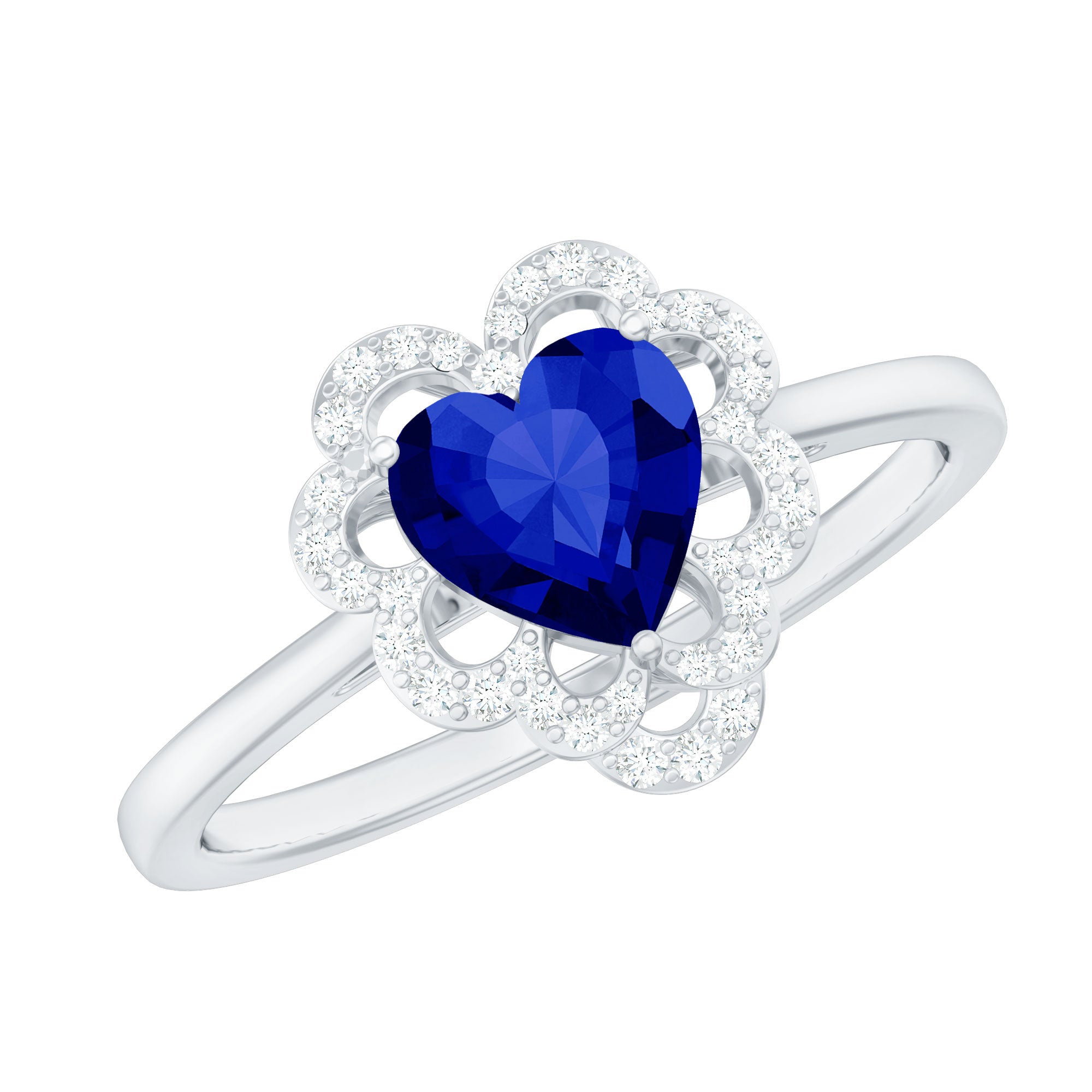 1 CT Heart Lab Created Blue Sapphire Designer Engagement Ring with Diamond