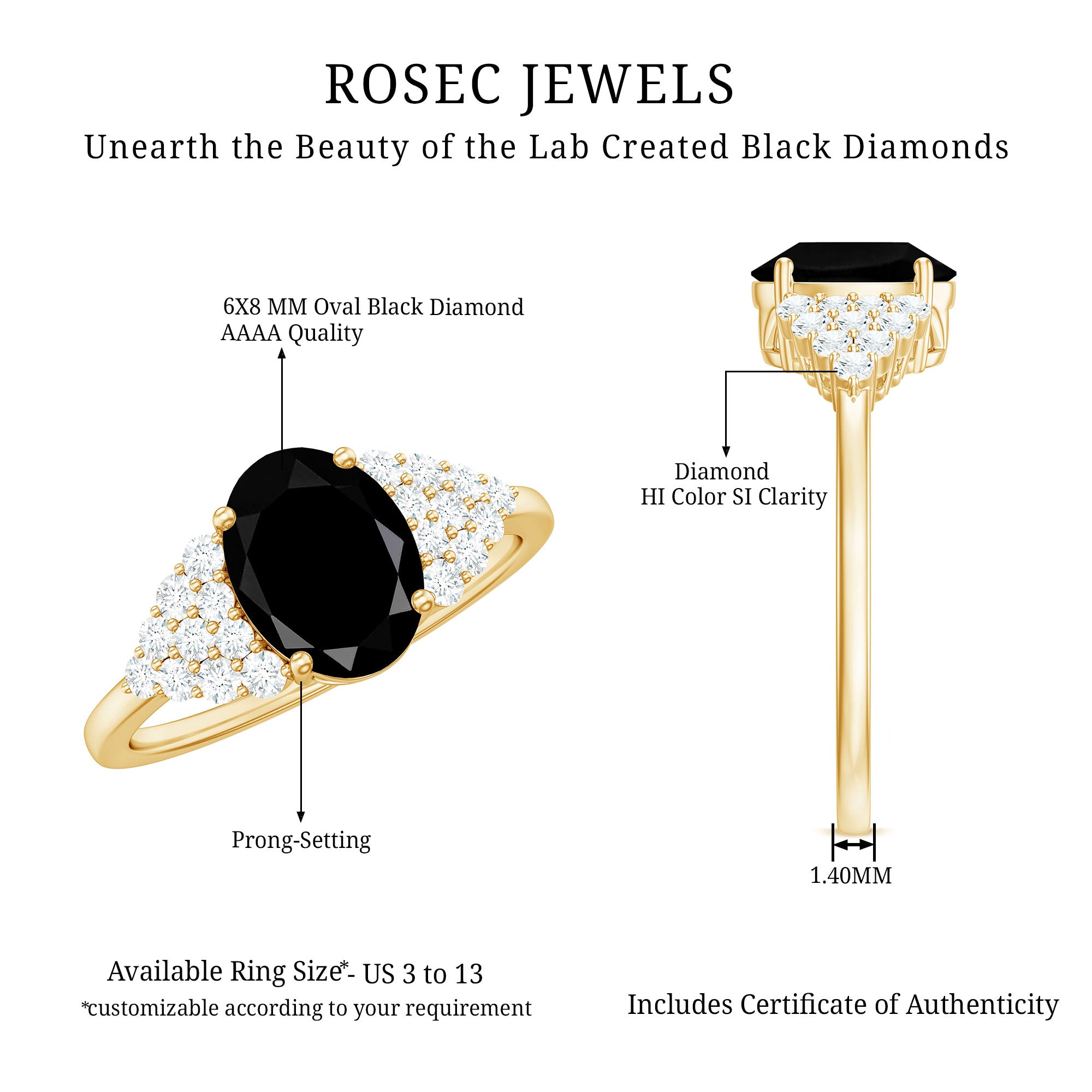 1.9 Carat Lab Grown Black Diamond Oval Engagement Ring with White Diamond AAAA ( Synthetic ) - Rosec Jewels