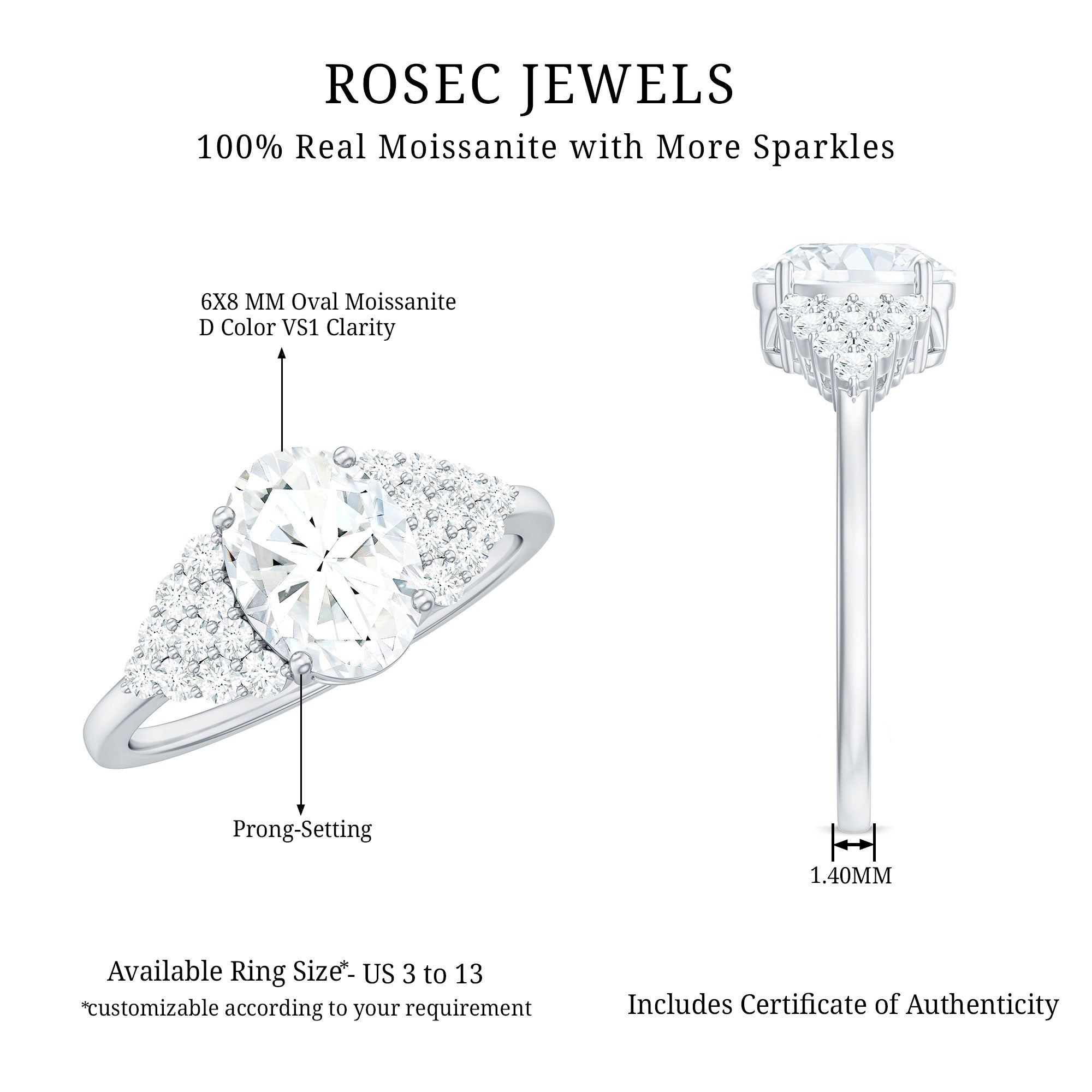 Rosec Jewels-6X8 MM Oval Moissanite Engagement Ring with Cluster Side Stones