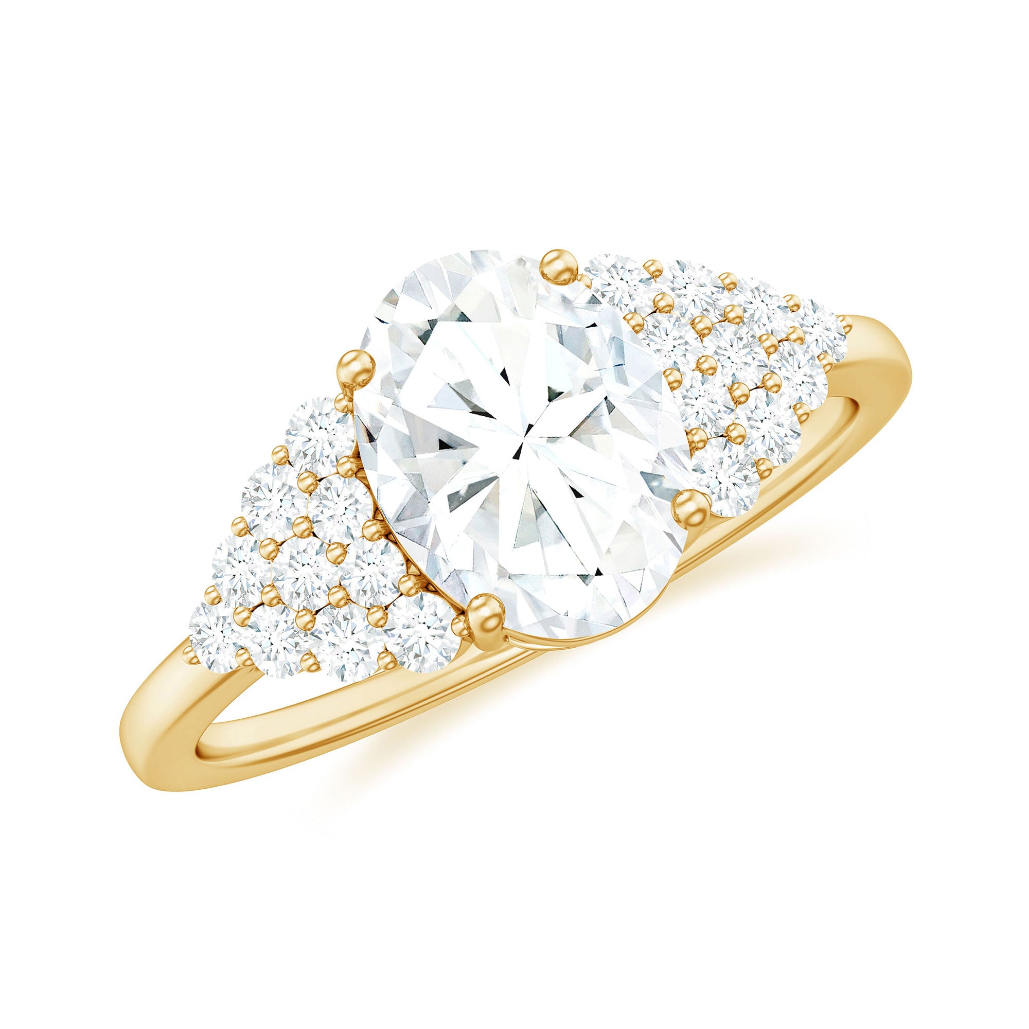 Rosec Jewels-6X8 MM Oval Moissanite Engagement Ring with Cluster Side Stones
