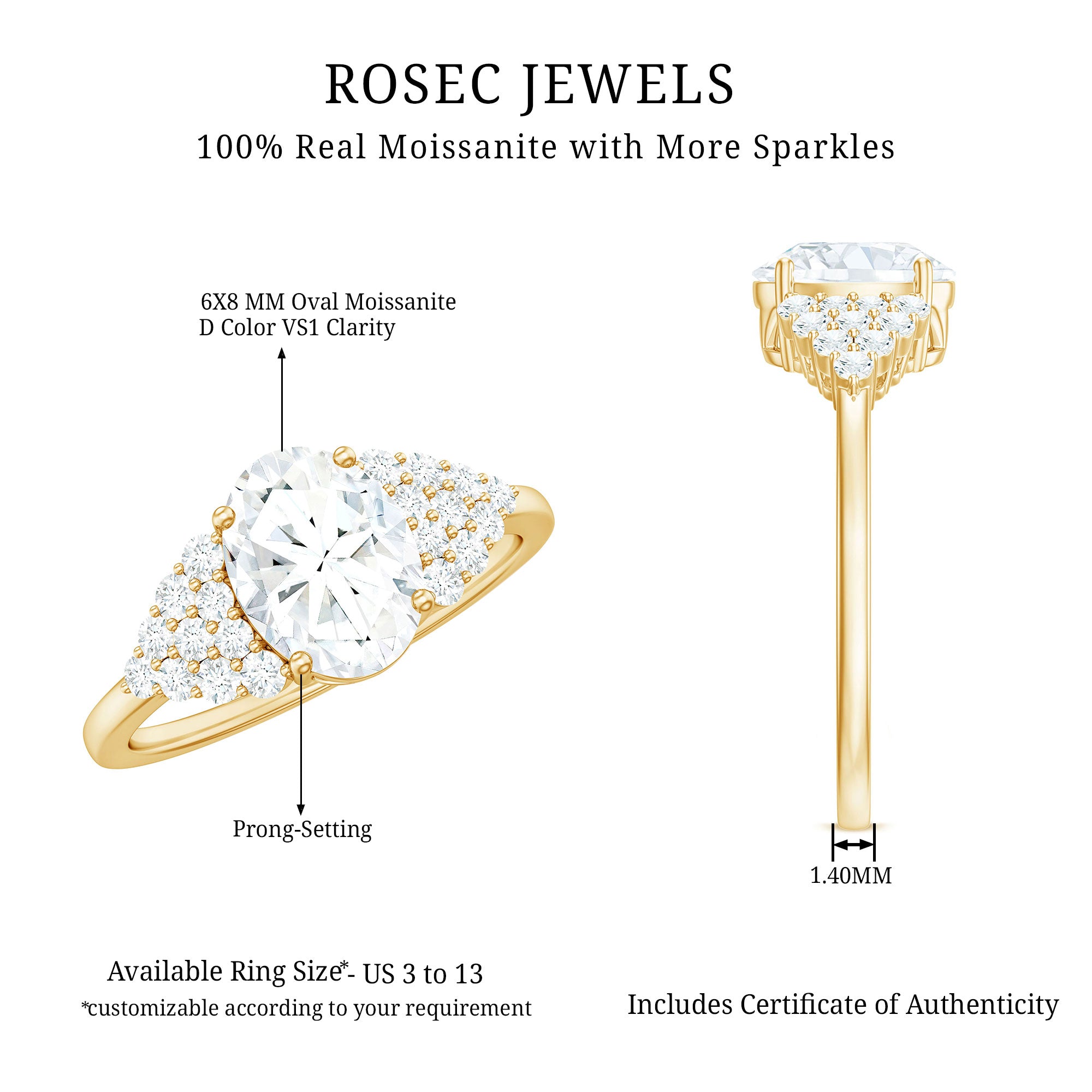 Rosec Jewels-6X8 MM Oval Moissanite Engagement Ring with Cluster Side Stones