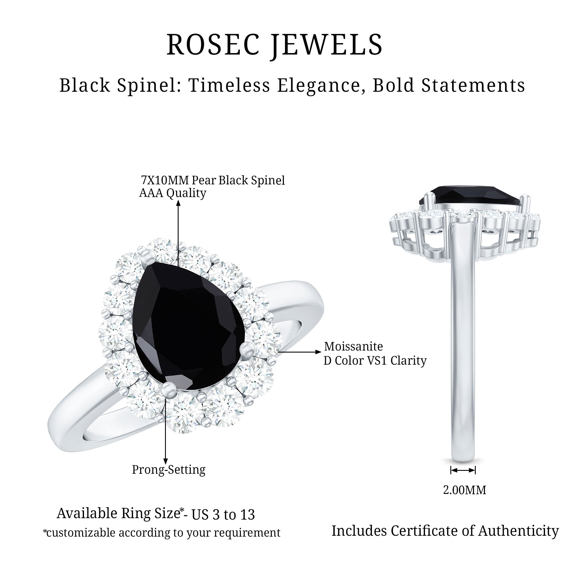 Certified Genuine 1.7 Carat Black Spinel Teardrop Engagement Ring with Diamond Halo AAA - Rosec Jewels