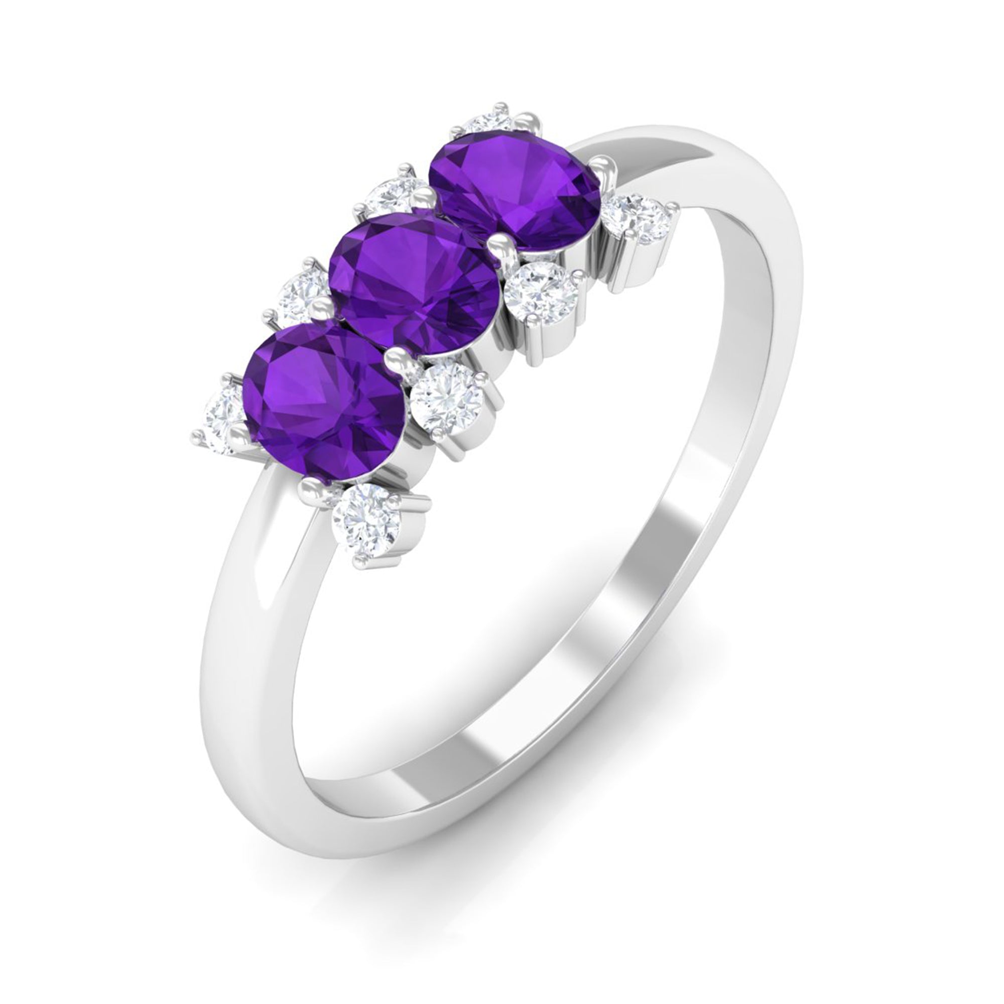 Natural Oval Amethyst 3 Stone Promise Ring with Diamond AAA - Rosec Jewels