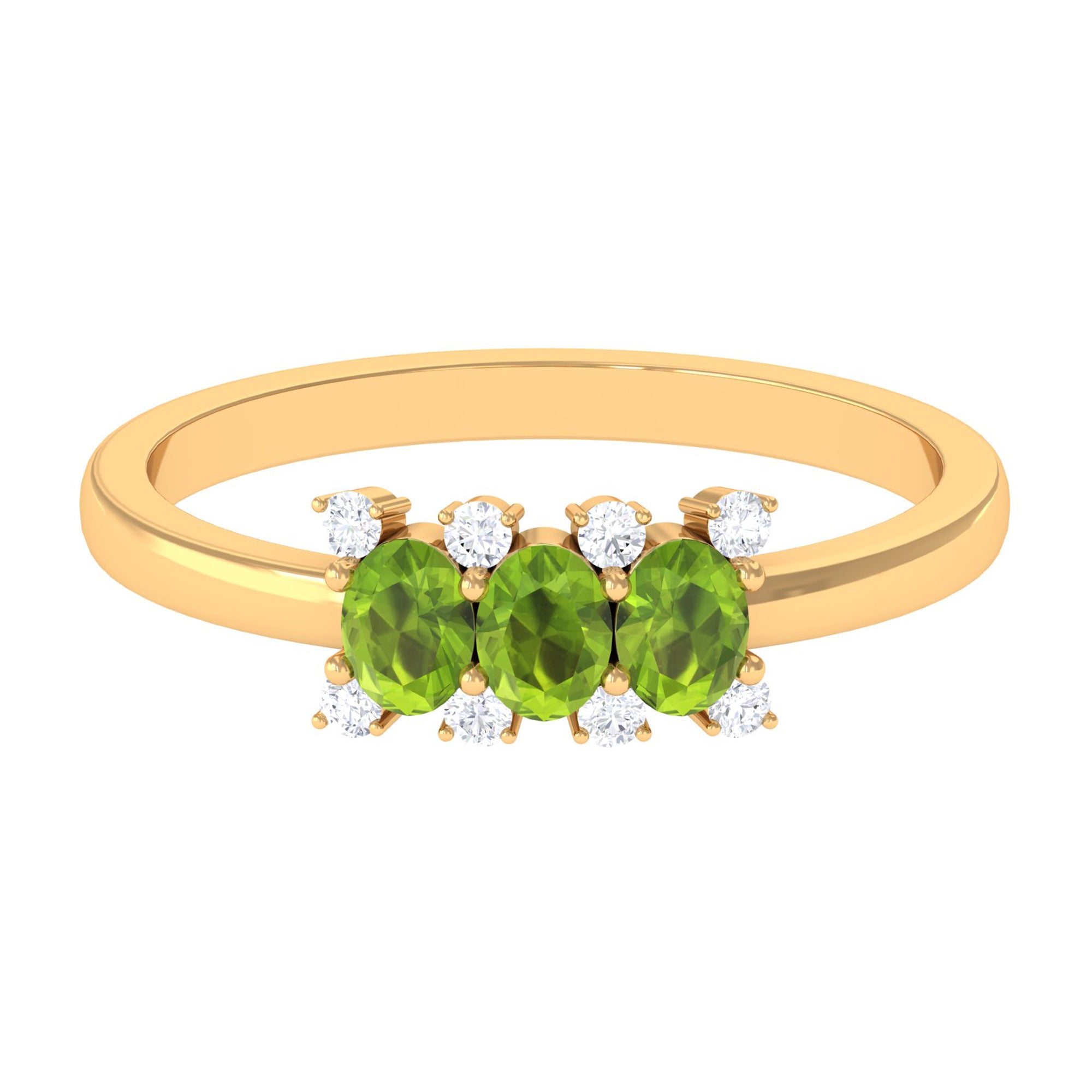 3/4 CT Oval Cut Peridot Three Stone Ring with Diamond Stones AAA - Rosec Jewels