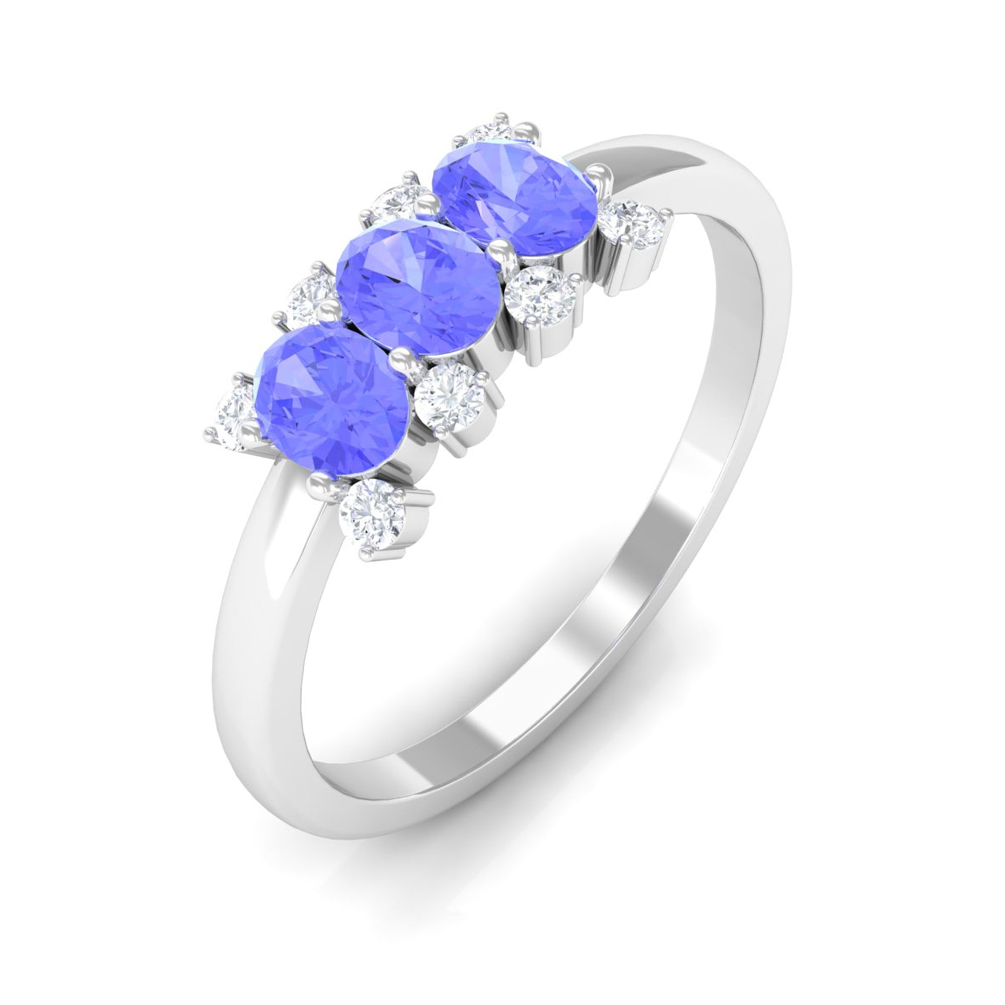 Rosec Jewels-Oval Cut Tanzanite Three Stone Ring with Diamond