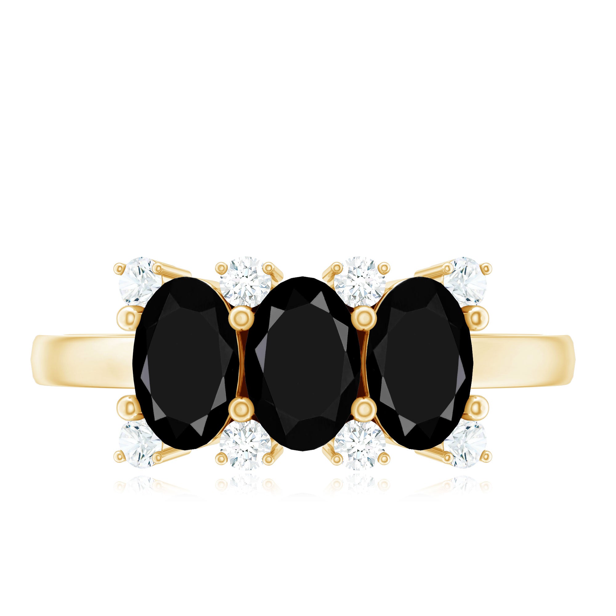 Rosec Jewels-Natural Oval Black Spinel 3 Stone Engagement Ring with Diamond